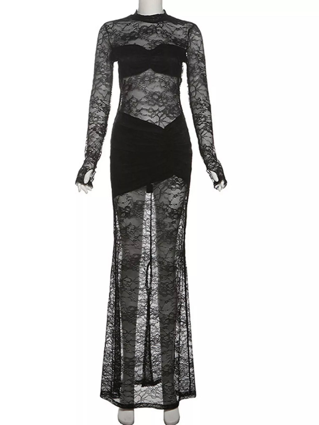 Lace Sheer Mock Neck Long Sleeve Maxi Dress - Lilixa.store