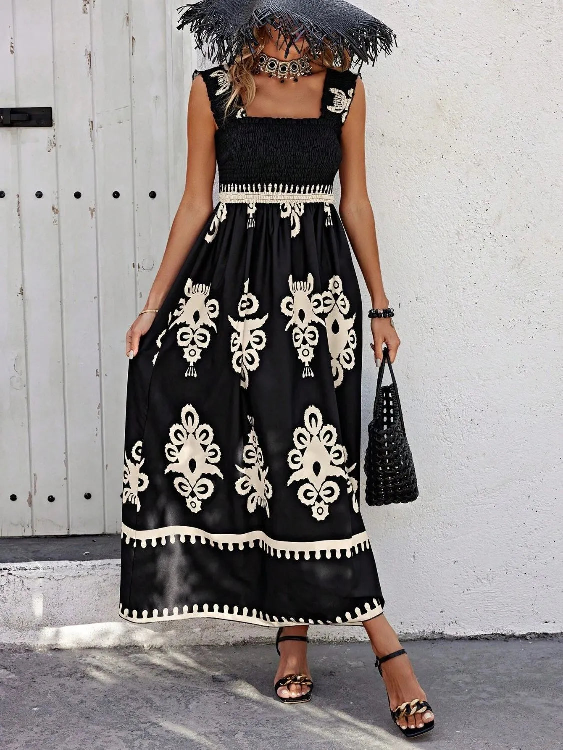 Smocked Printed Wide Strap Maxi Dress in Black