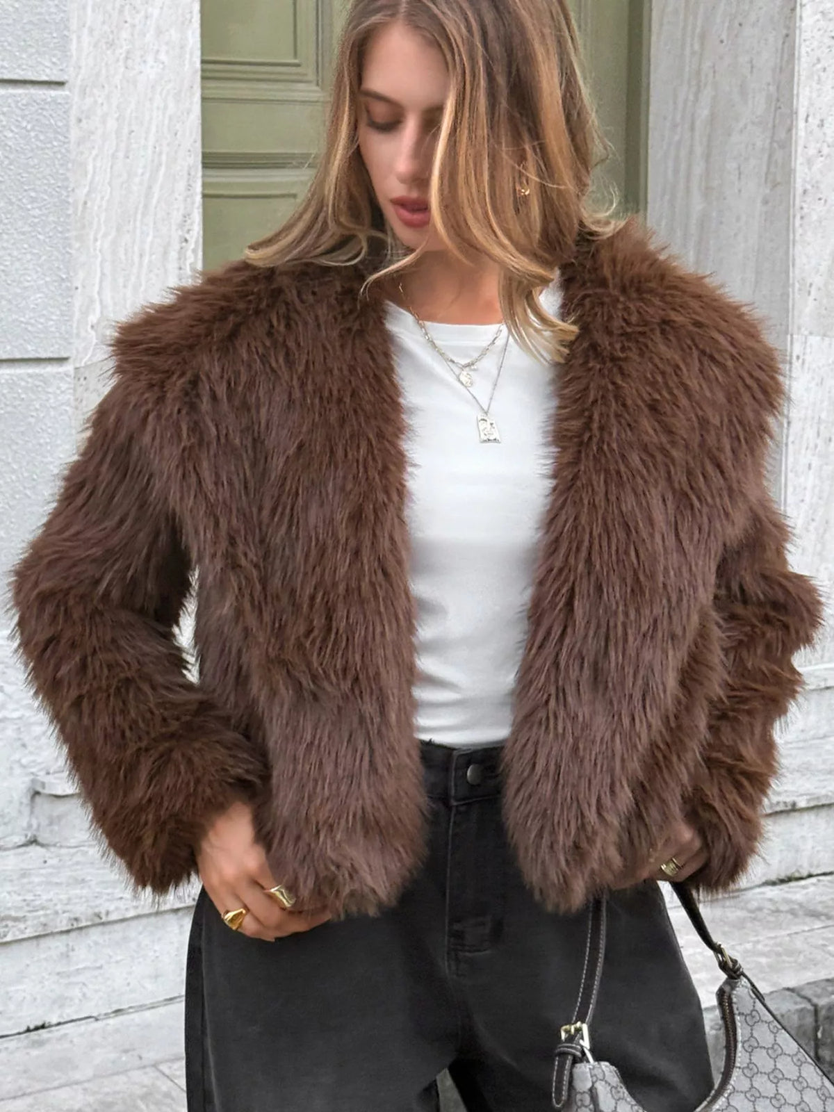 Open Front Faux Fur Cropped Jacket in Brown