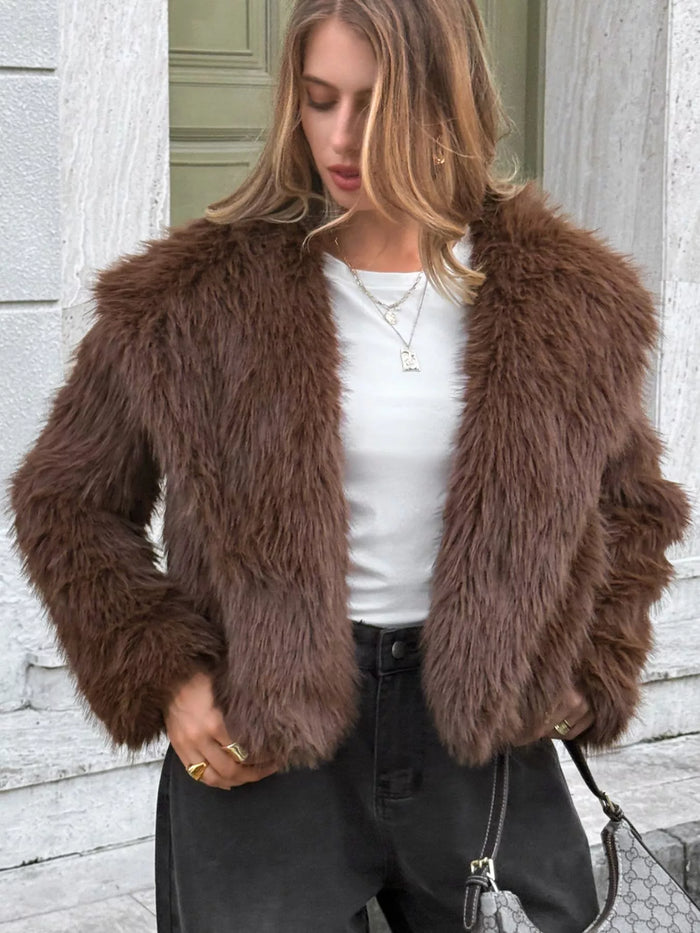 Open Front Faux Fur Cropped Jacket in Brown