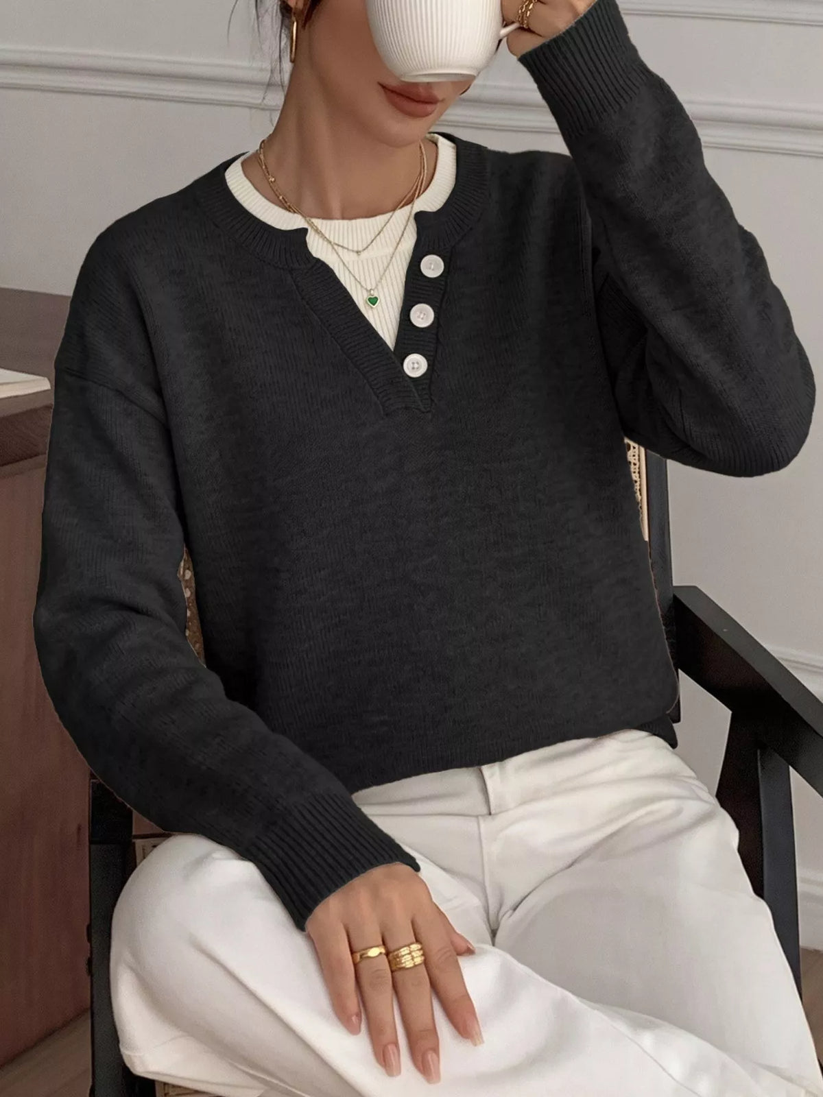 Decor Button-Placket Ribbed Knit Sweater