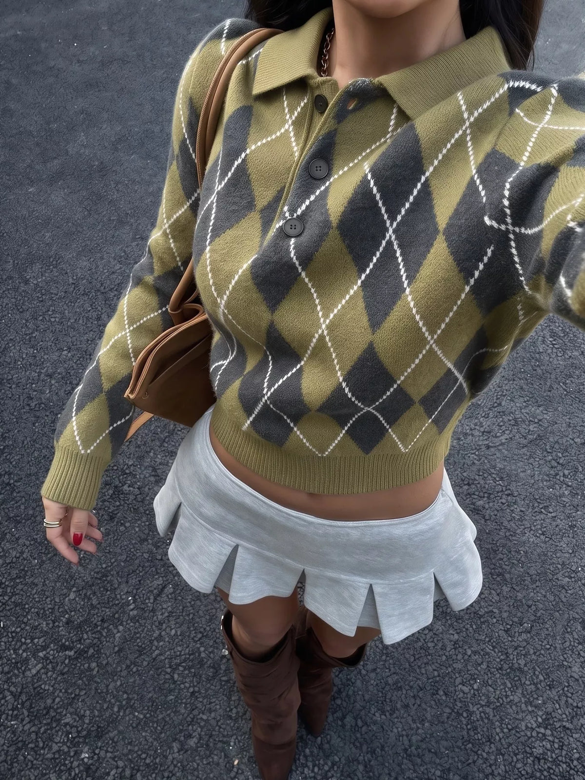 Argyle Pattern Collared Knit Sweater