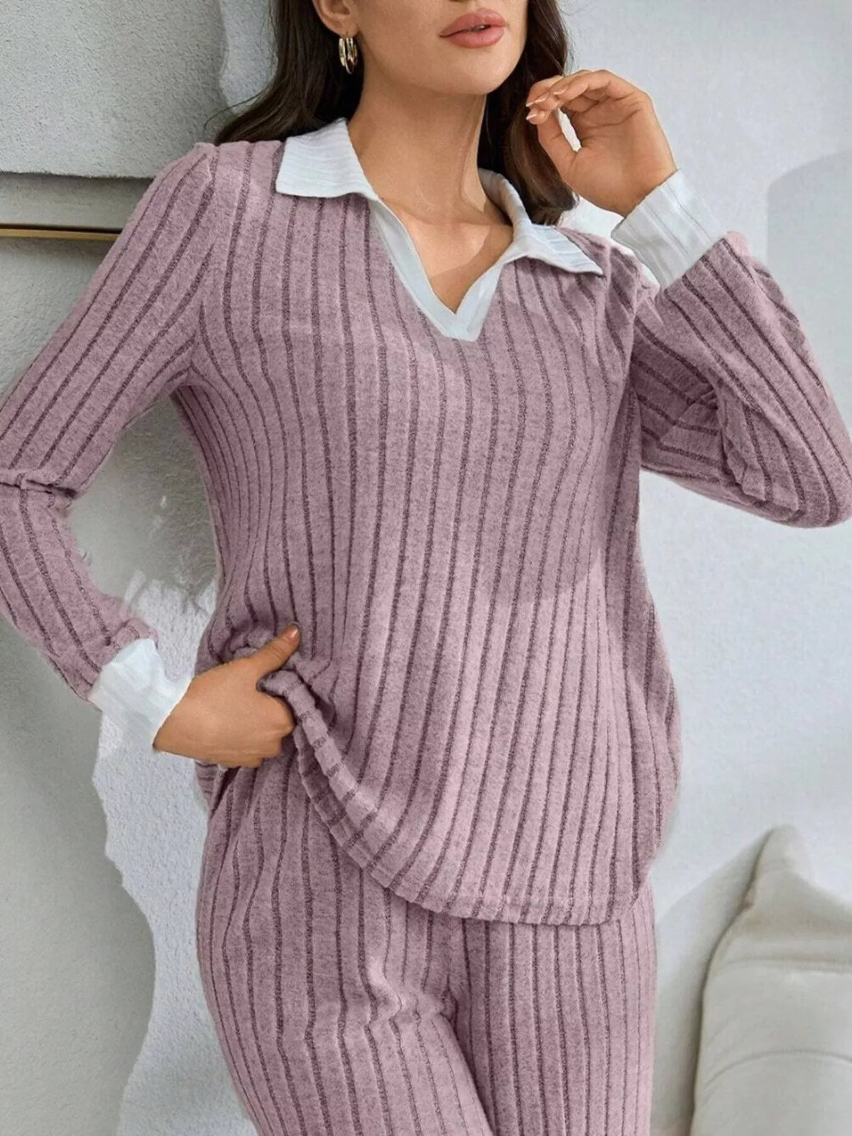 Ribbed Knit Polo Collar Top and Pants Lounge Set - Lilixa.store