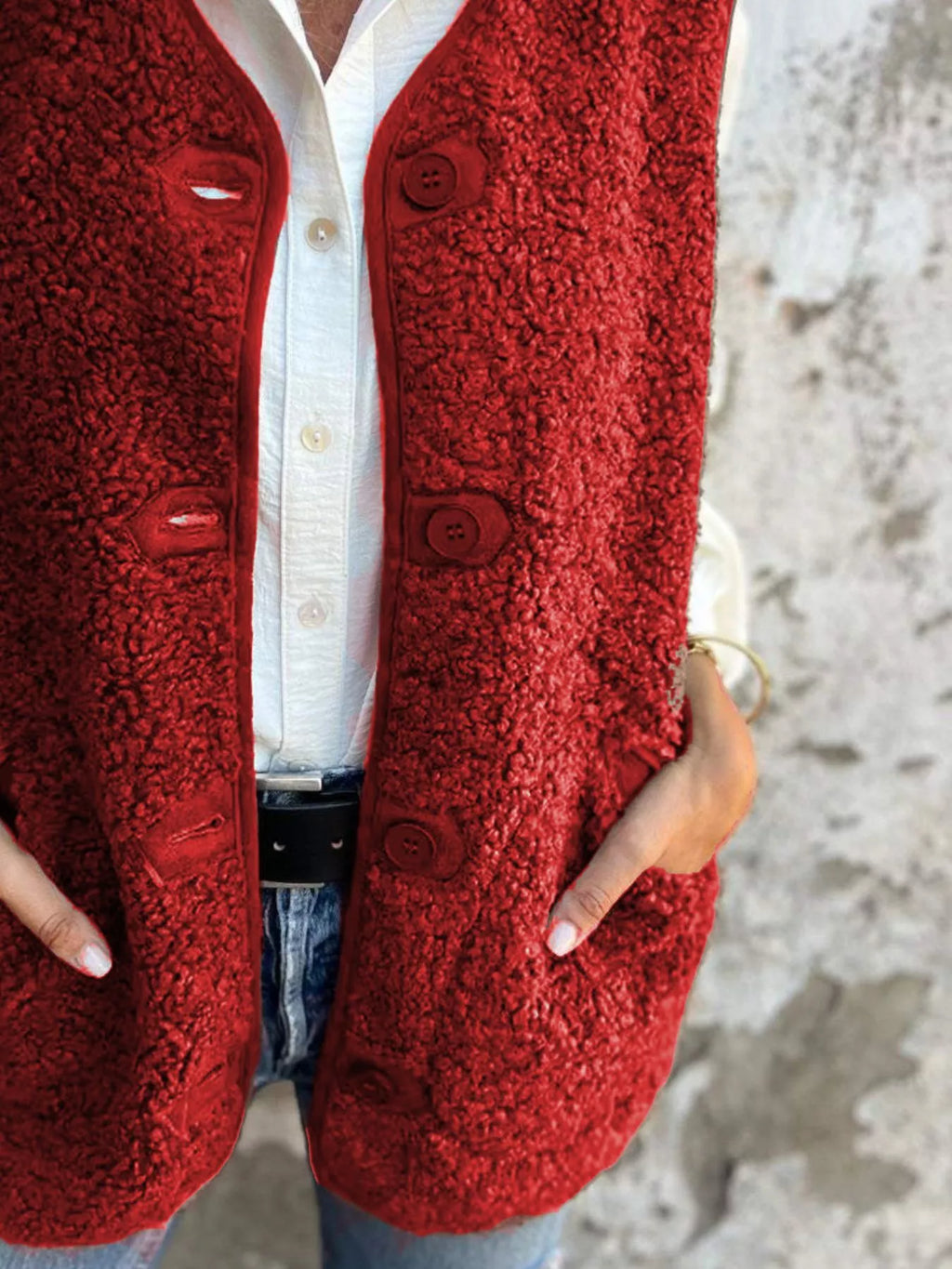 Full Size Cozy Sherpa Fleece Button-Up Vest Coat with Pockets Plus Size - Lilixa.store