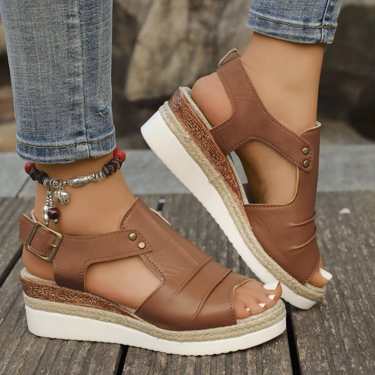 Peep Toe Wedge Sandals in Dark Brown