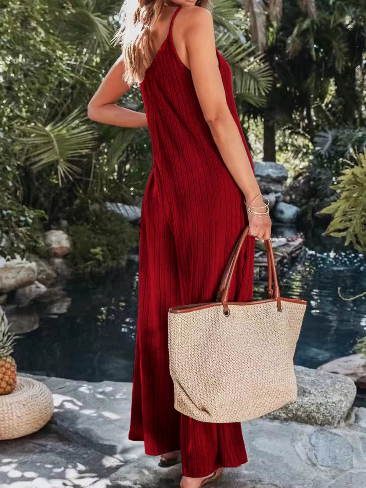 Ribbed V-Neck Wide Leg Jumpsuit - Lilixa.store