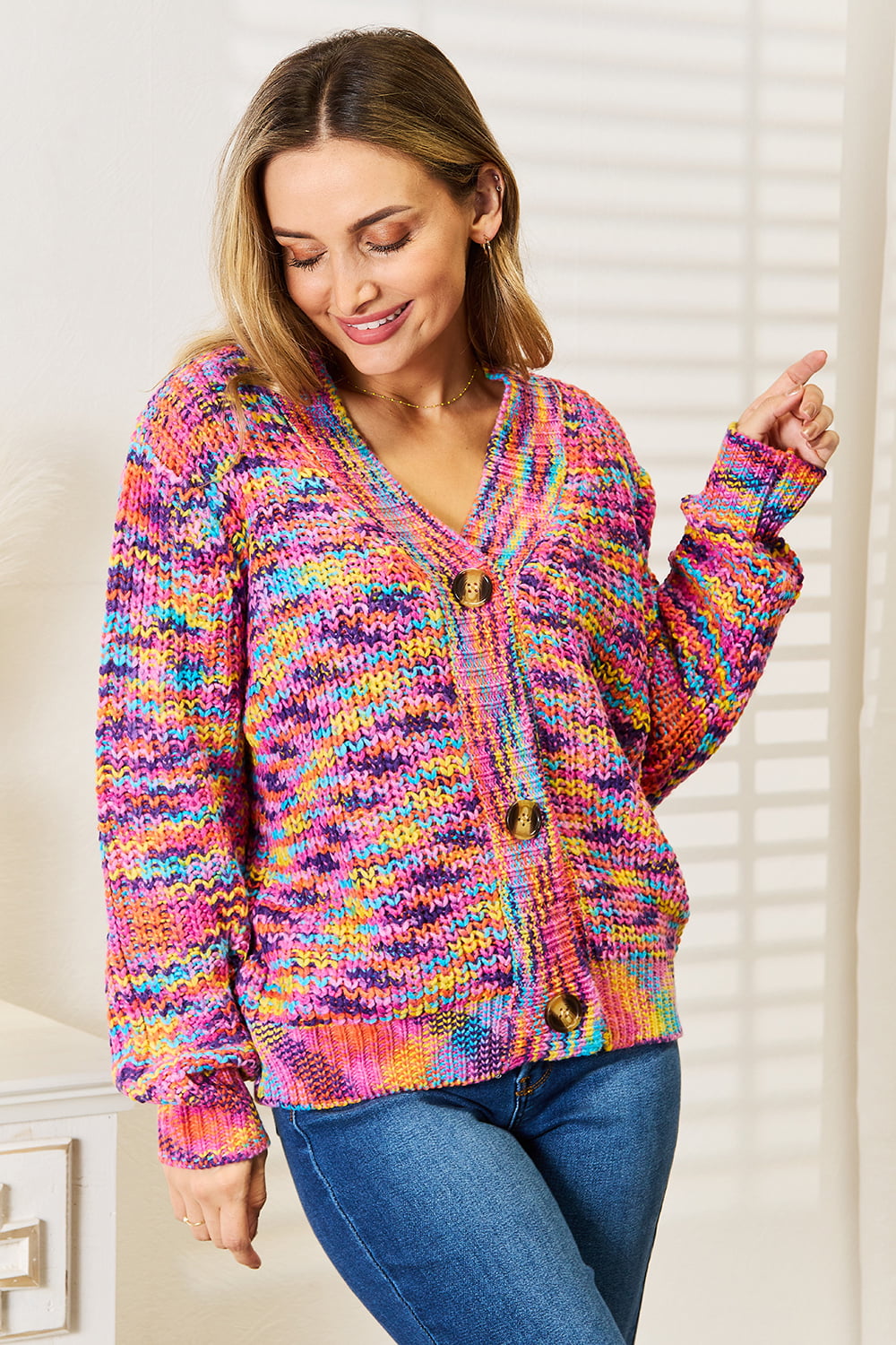 Angel Wings Woven Right V-Neck Long Sleeve Cardigan - Lilixa.store
