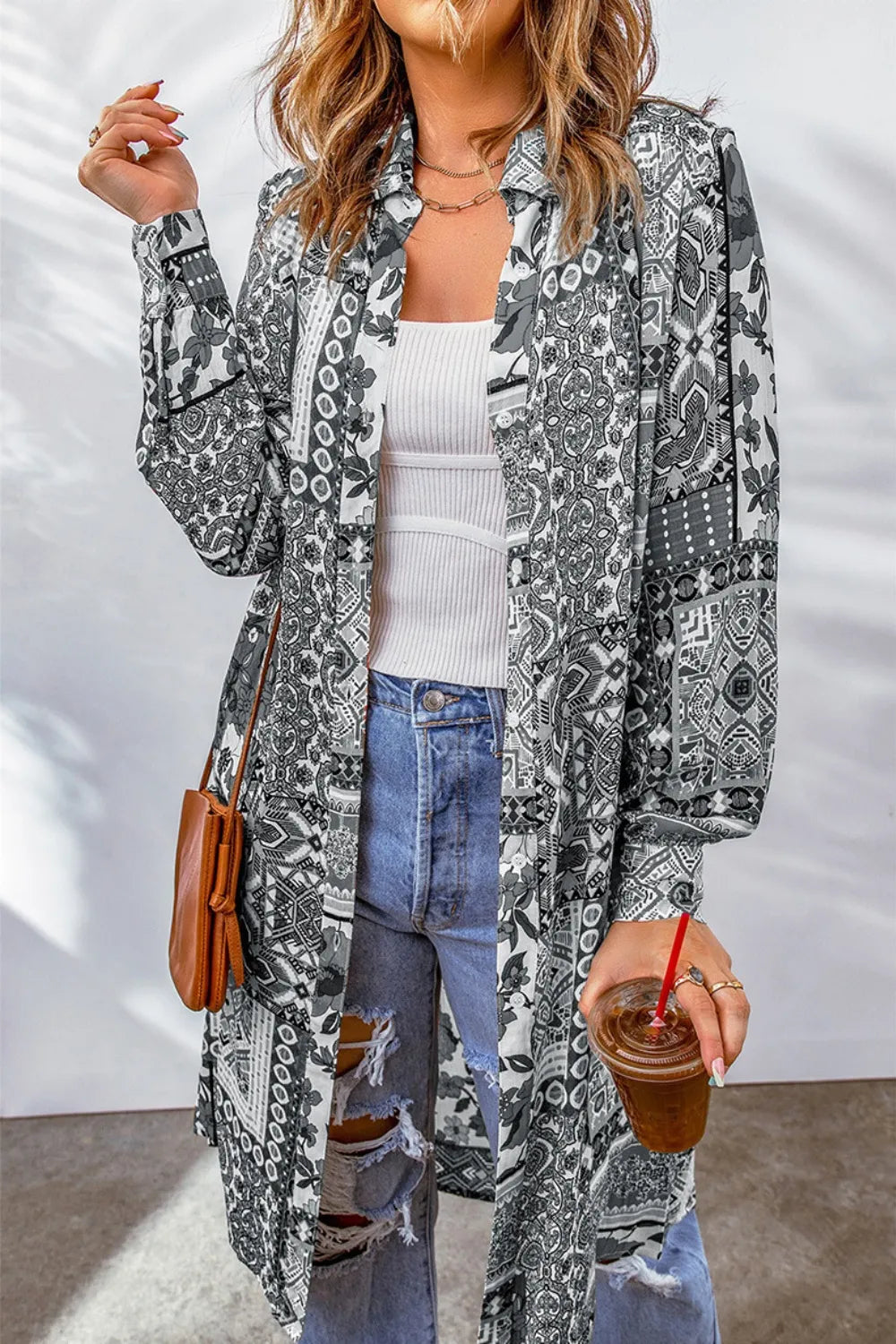 Printed Button Up Long Sleeve Cardigan, view 11