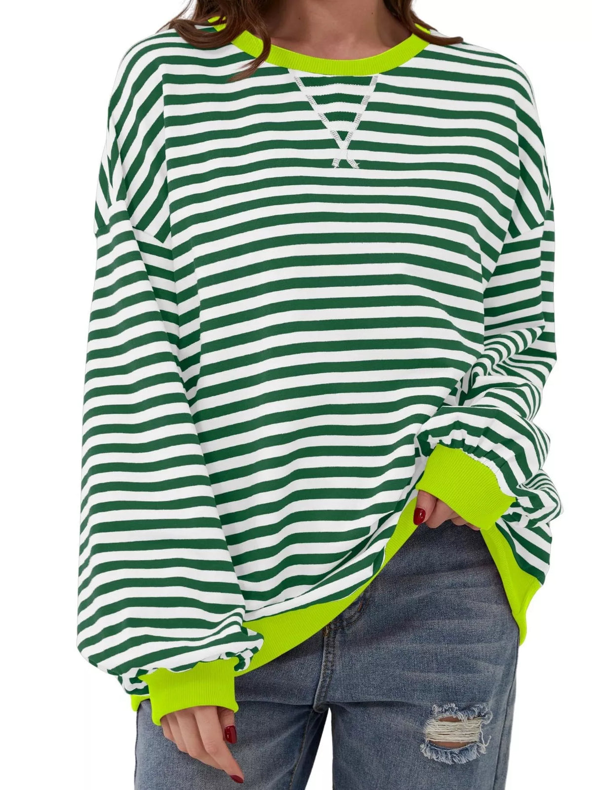 Striped Contrast Trim Oversized Sweatshirt - Lilixa.store