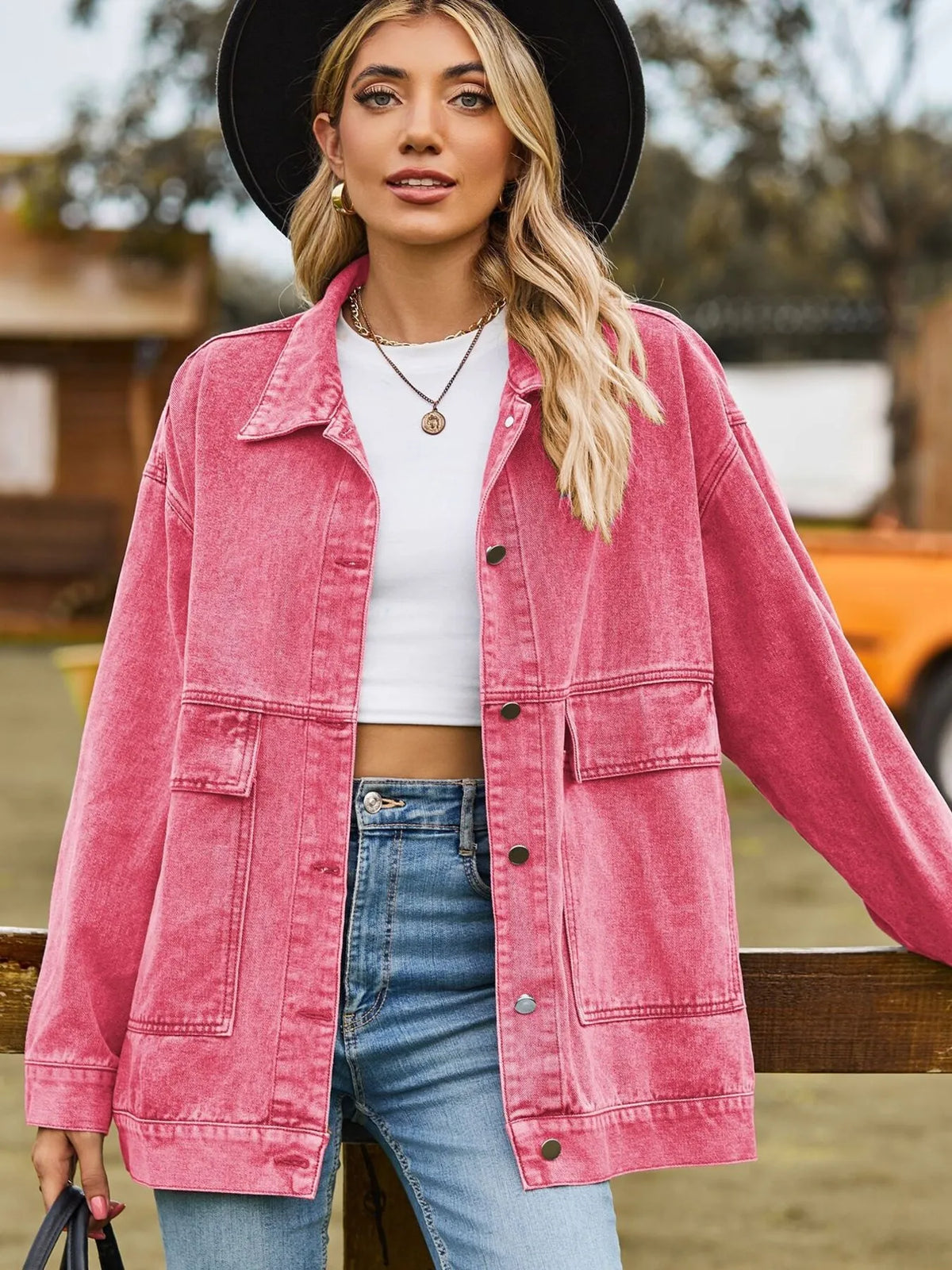 Oversized Button Up Denim Jacket with Hood, view 4
