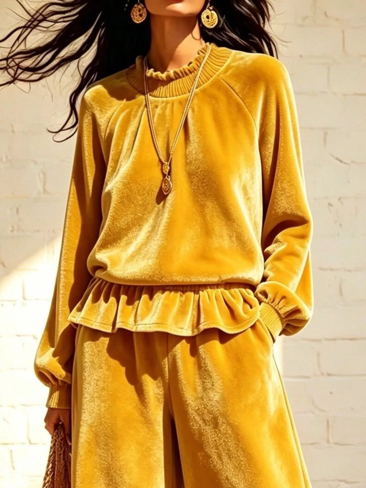 Velvet Peplum Top and Wide-Leg Pants Set - Lilixa.store