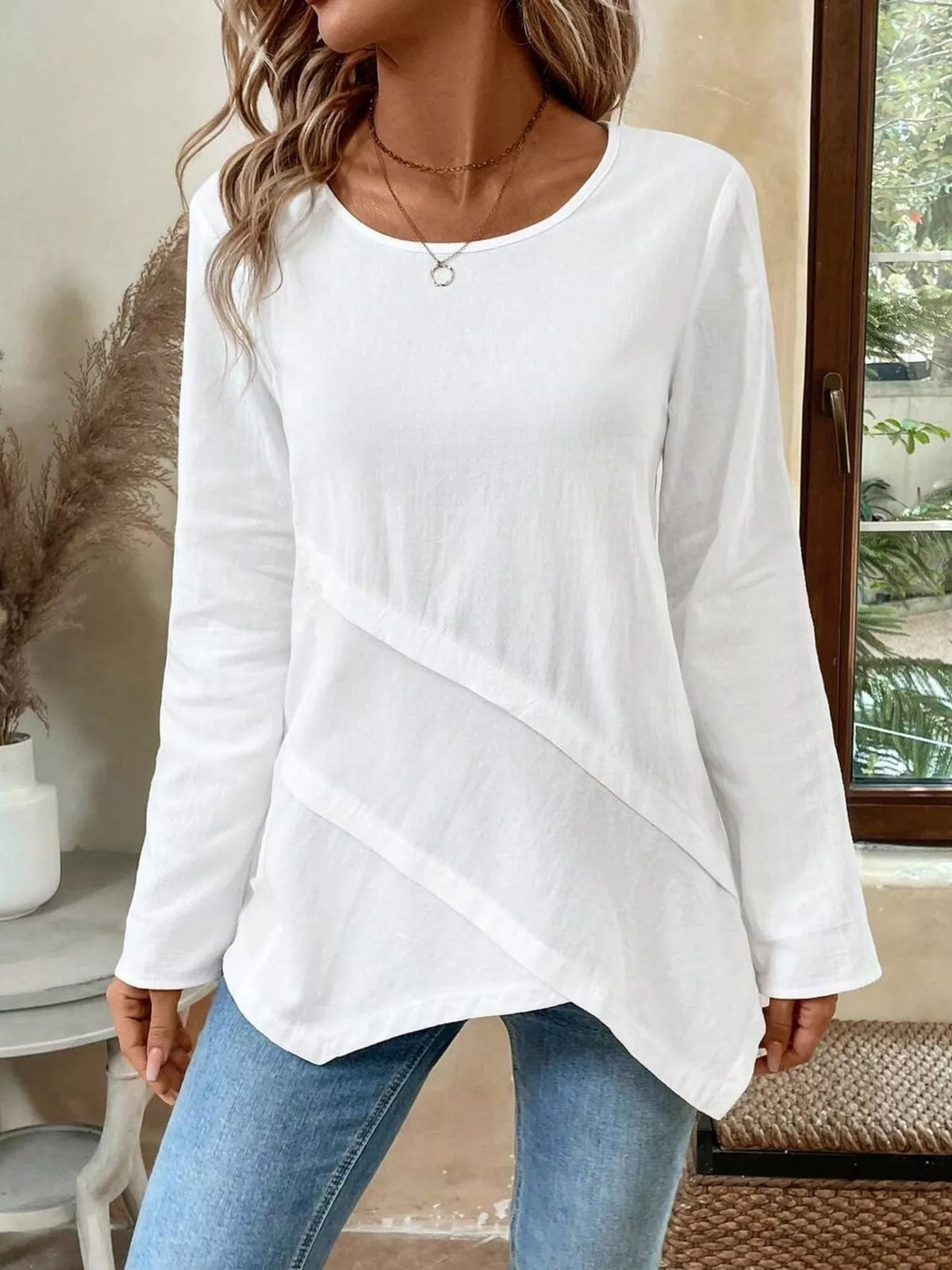 Asymmetrical Hem Solid Color Linen Blouse in White
