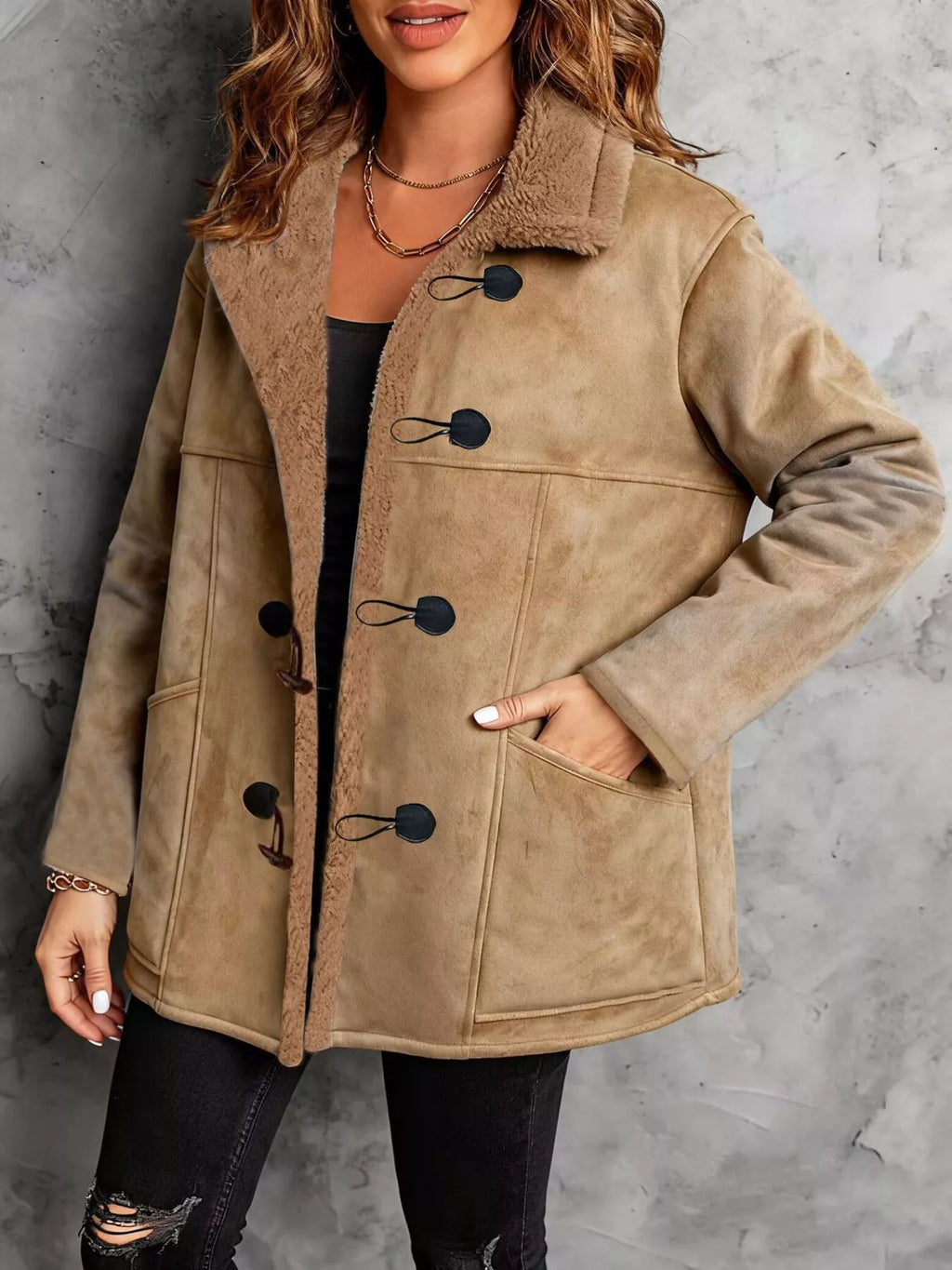 Faux Suede Sherpa Lined Toggle Coat - Lilixa.store