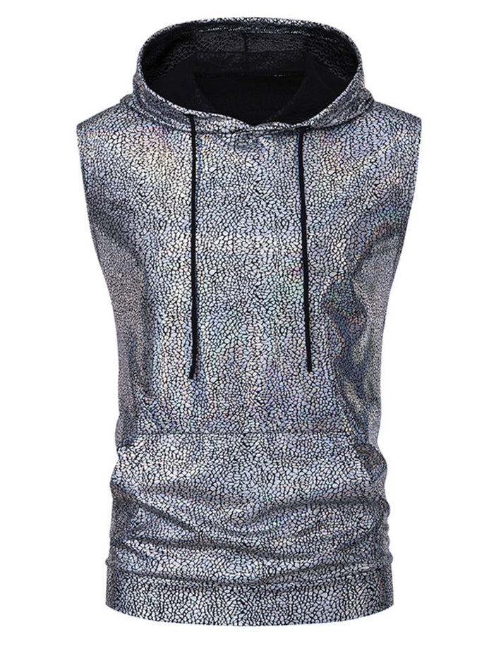 Men's Drawstring Sleeveless Hooded Top in Silver