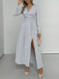 Lace Detail V-Neck Maxi Dress with Side Slit - Lilixa.store
