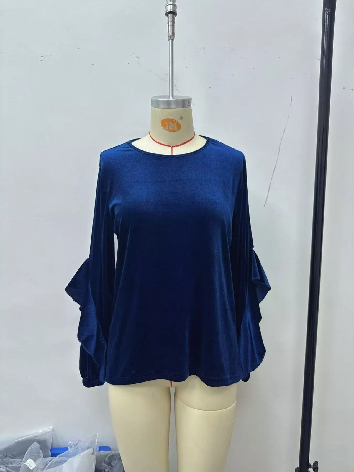 Velvet Round Neck Ruffle Sleeve Top