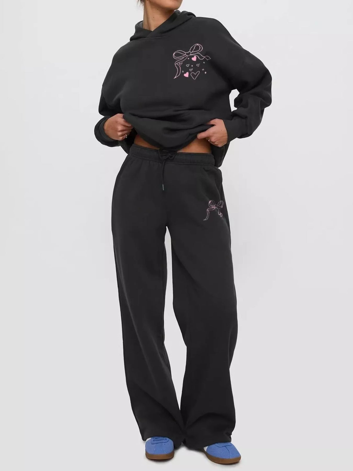 Bow and Heart Dropped Shoulder Hoodie and Pants Set - Lilixa.store
