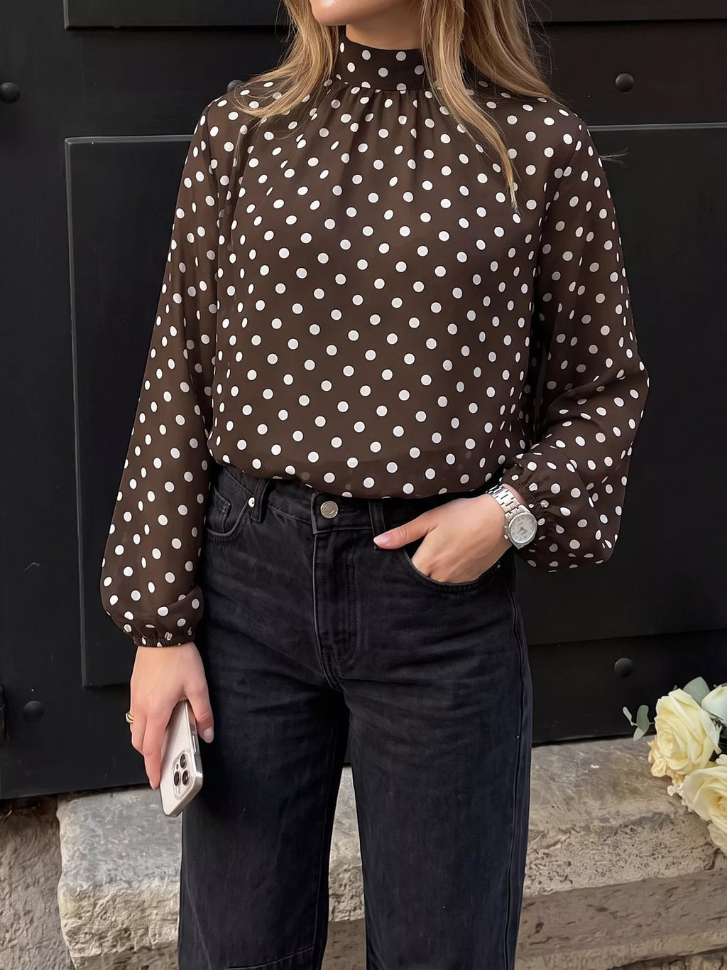 Polka Dot Mock Neck Long Sleeve Blouse - Lilixa.store