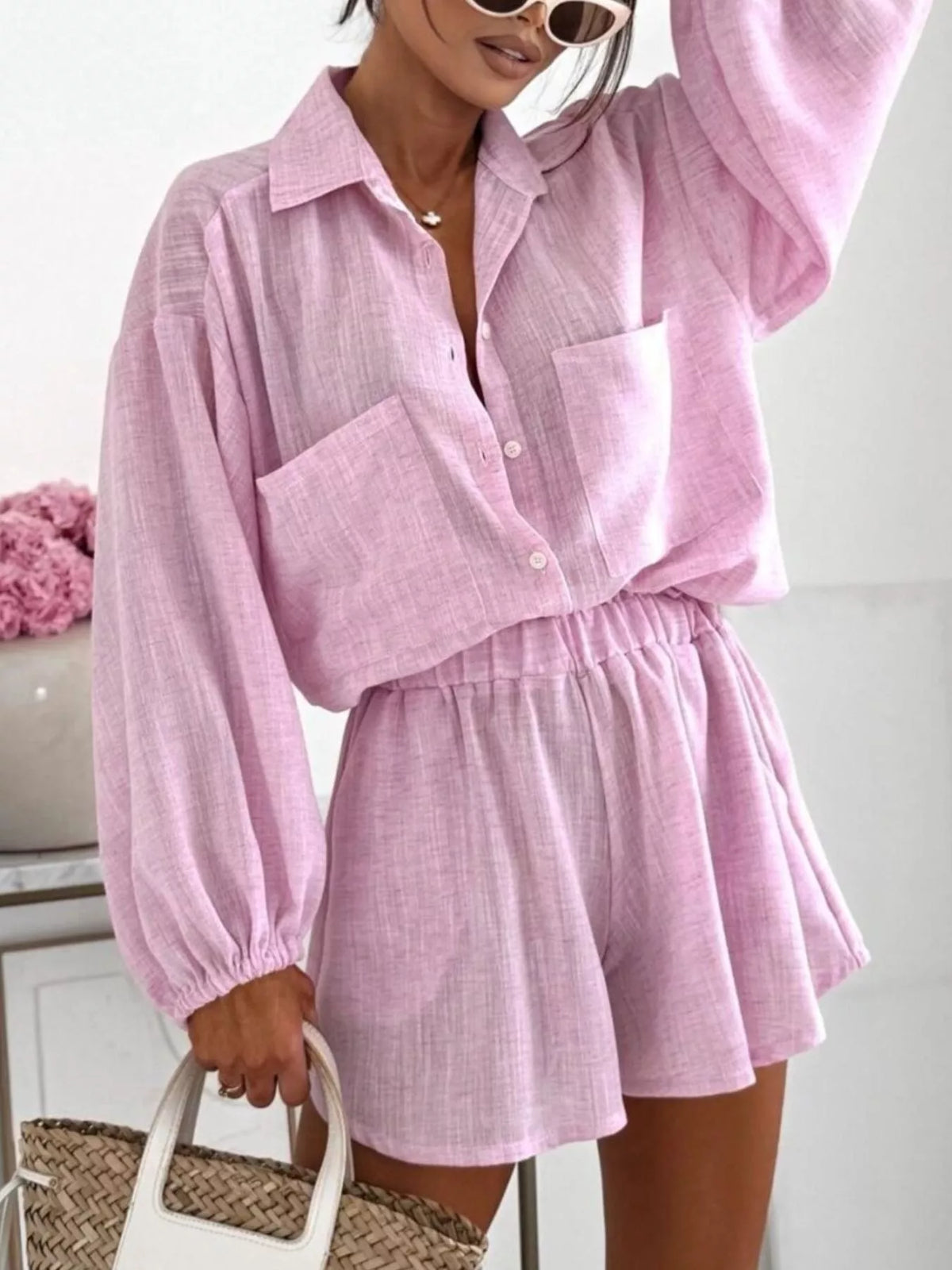 Long Sleeve Shirt and High-Waisted Shorts Set - Lilixa.store