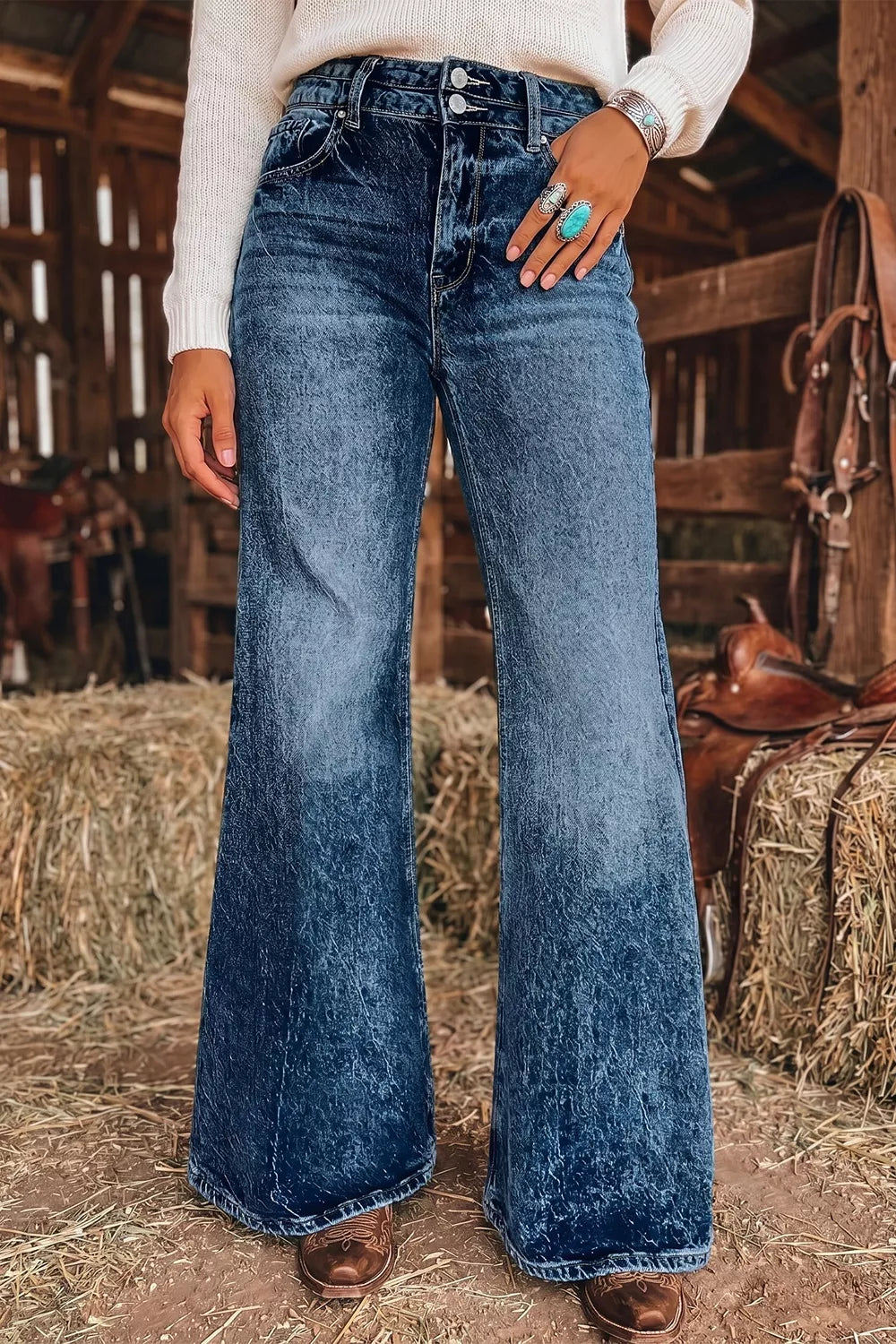 Acid Wash Pocket Detail Flare Jeans - Lilixa.store