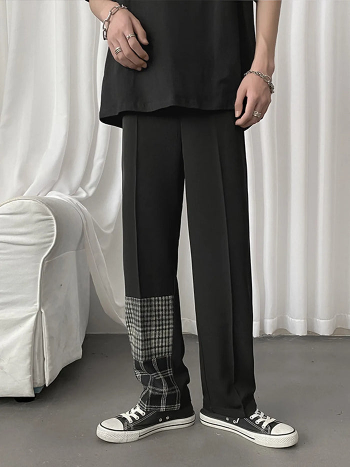 Men's Plus Size Plaid Patchwork Straight-Leg Pants in Black
