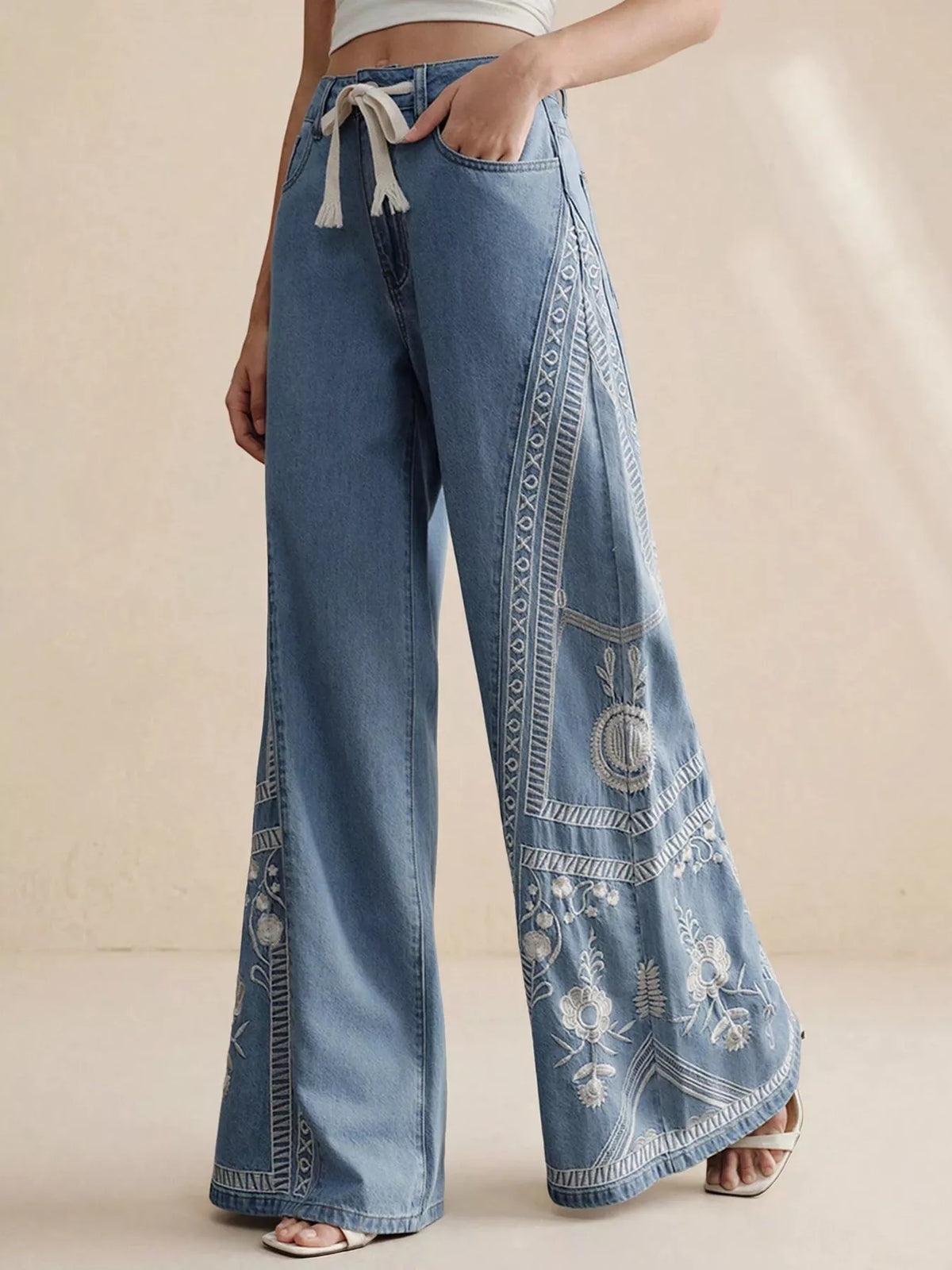 Embroidered Wide-Leg Drawstring Jeans - Lilixa.store
