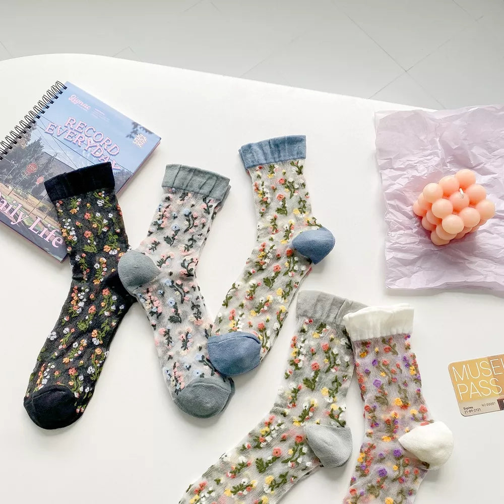 Floral Sheer Crew Socks 5 Pair Set