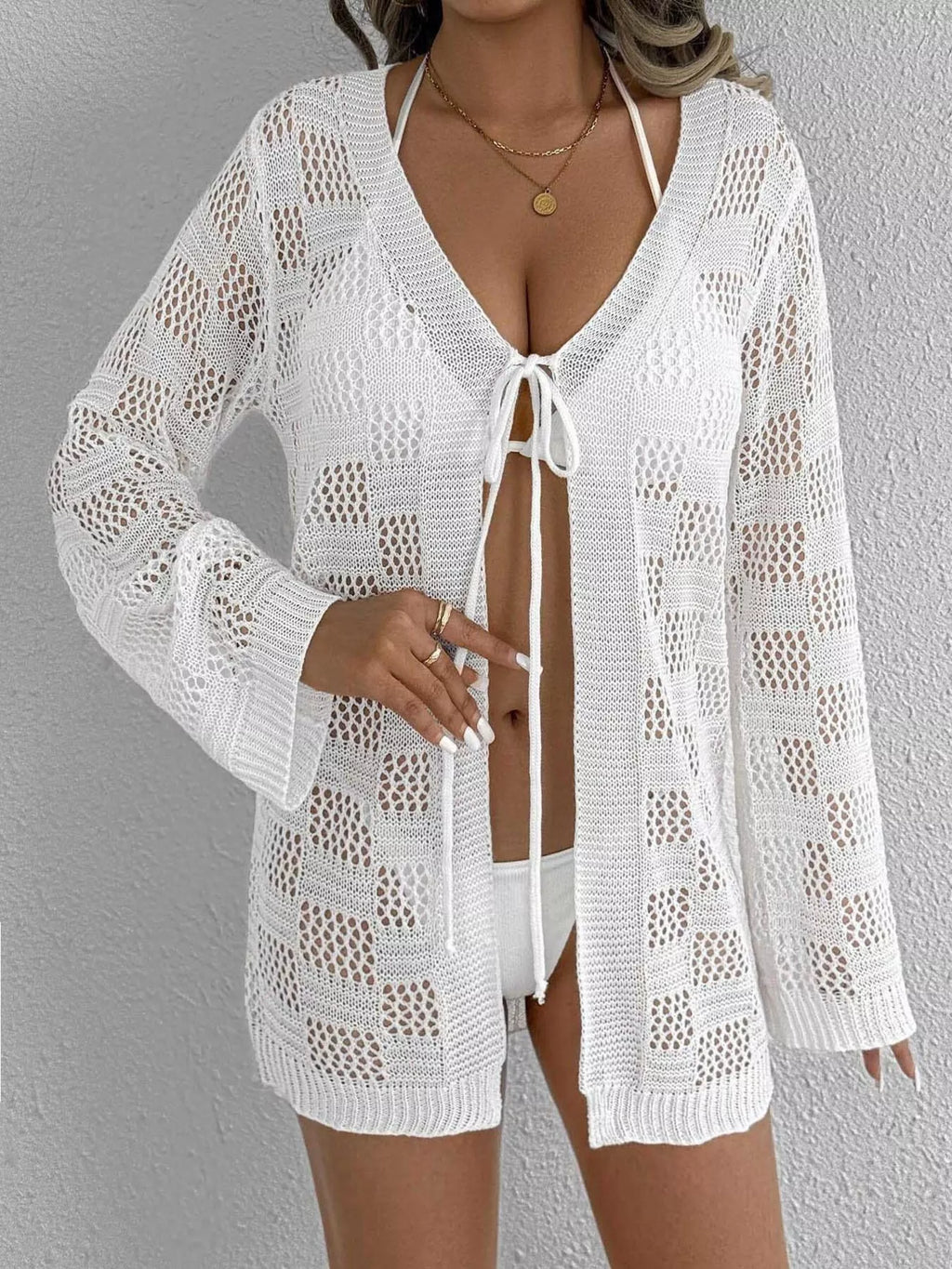 Crochet Knit Tie Front Cover-Up - Lilixa.store