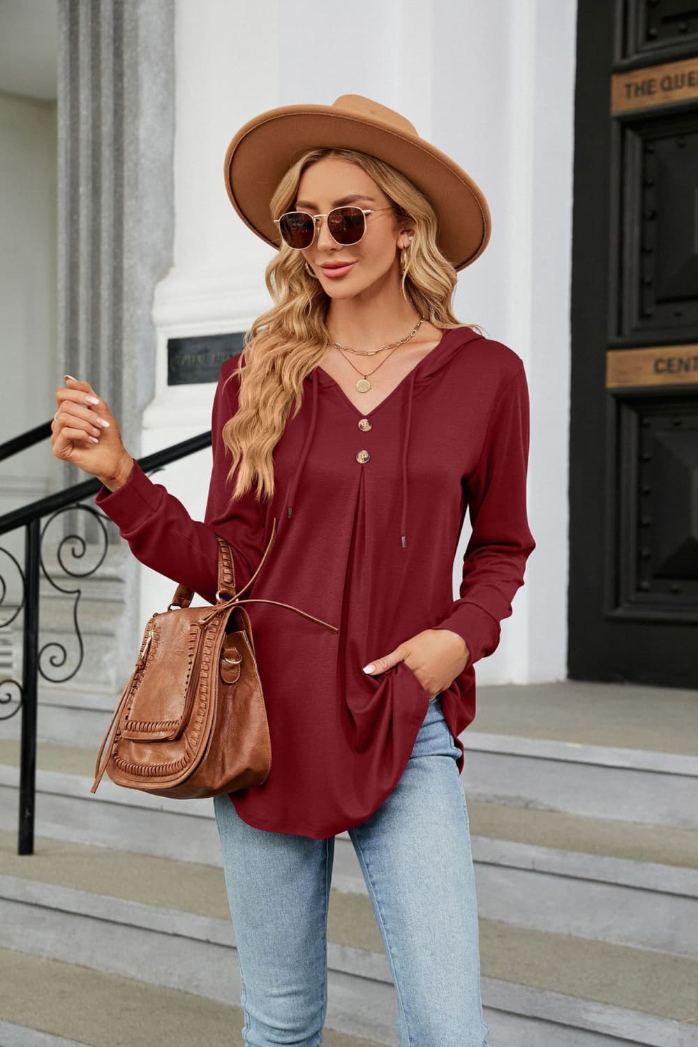 Long Sleeve Hooded Blouse in Burgundy