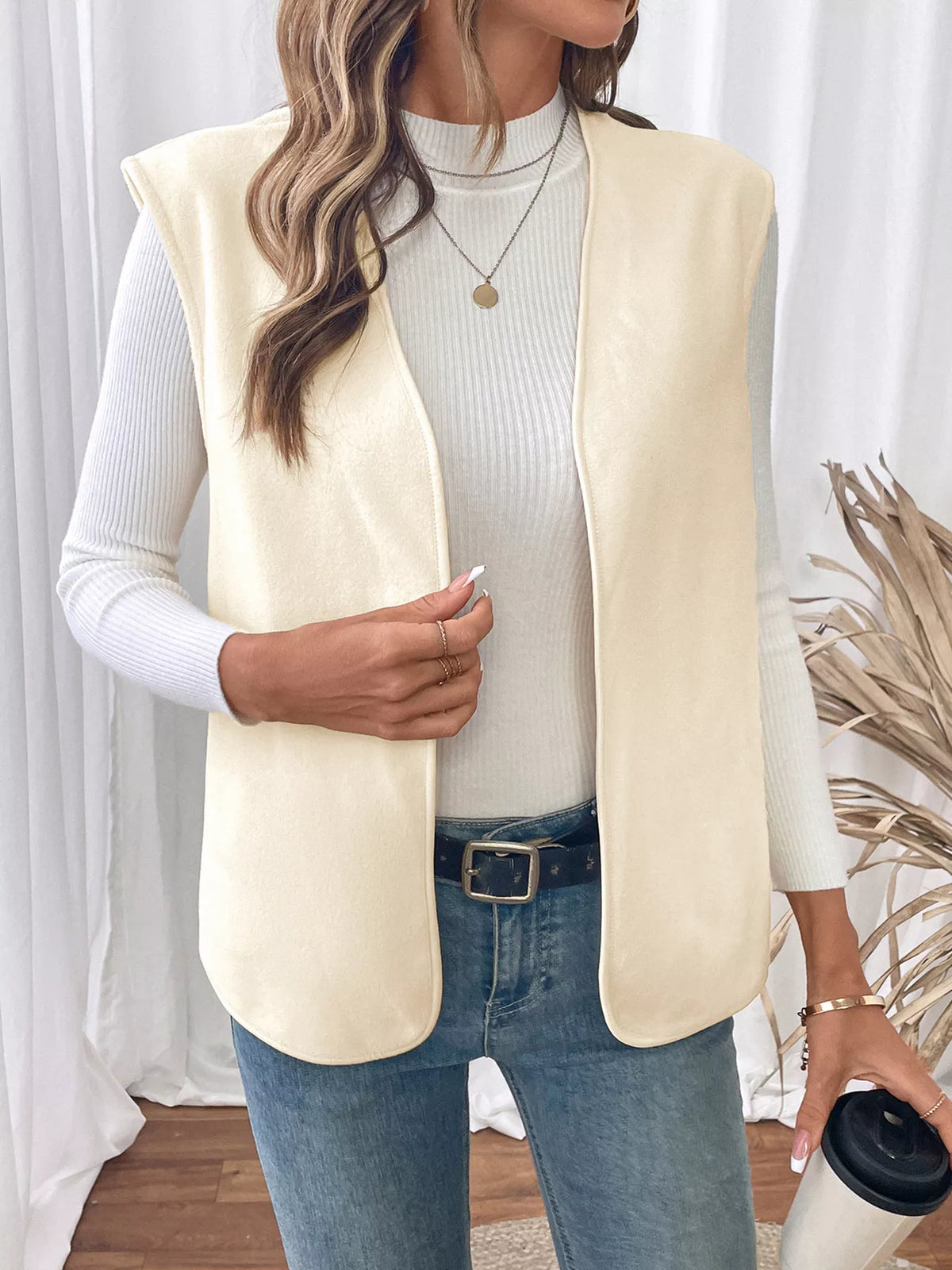 Full Size Open Front Vest Coat Plus Size in Apricot, view 3