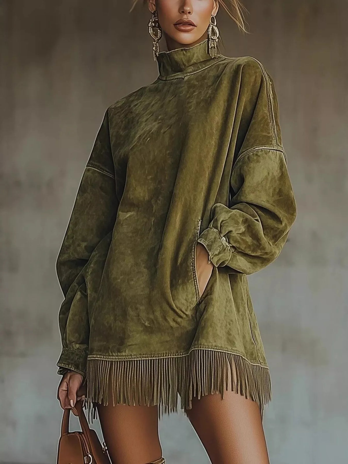 Suede Mock Neck Fringed Mini Dress in Army Green