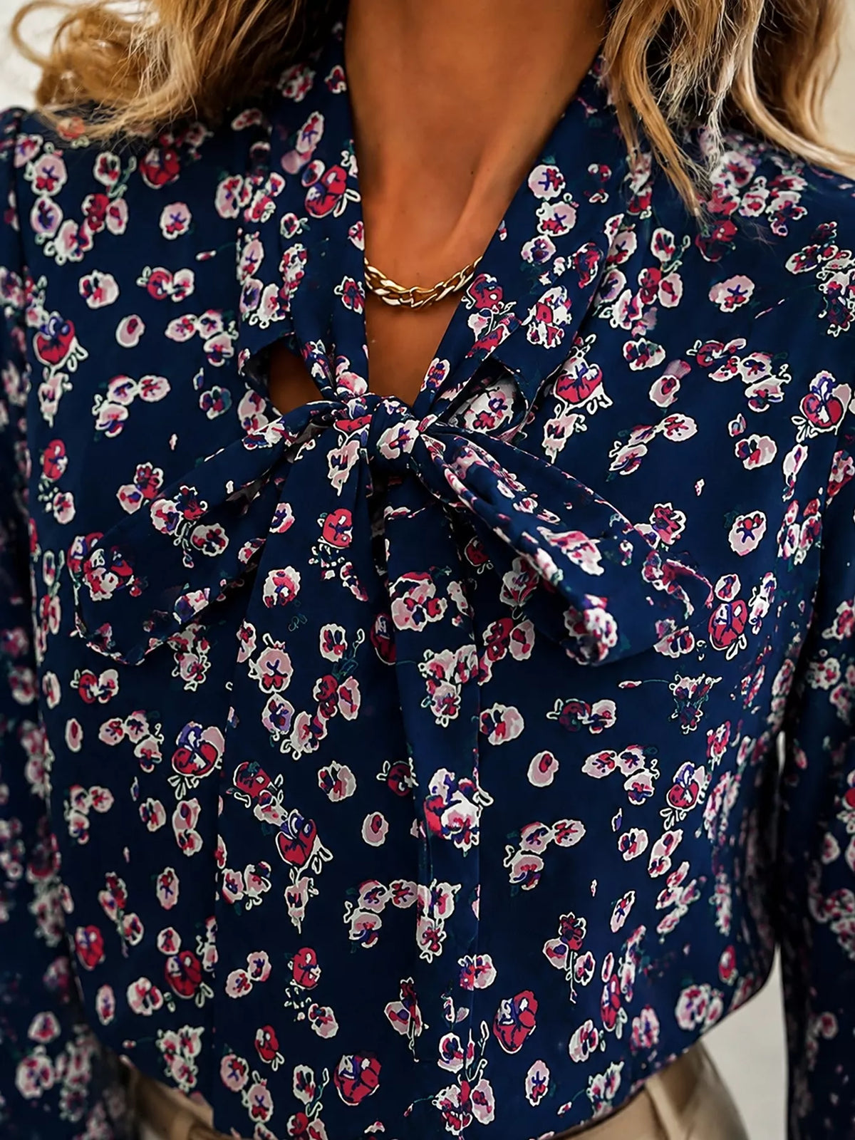 Printed Bow-Tie Neck Long Sleeve Blouse