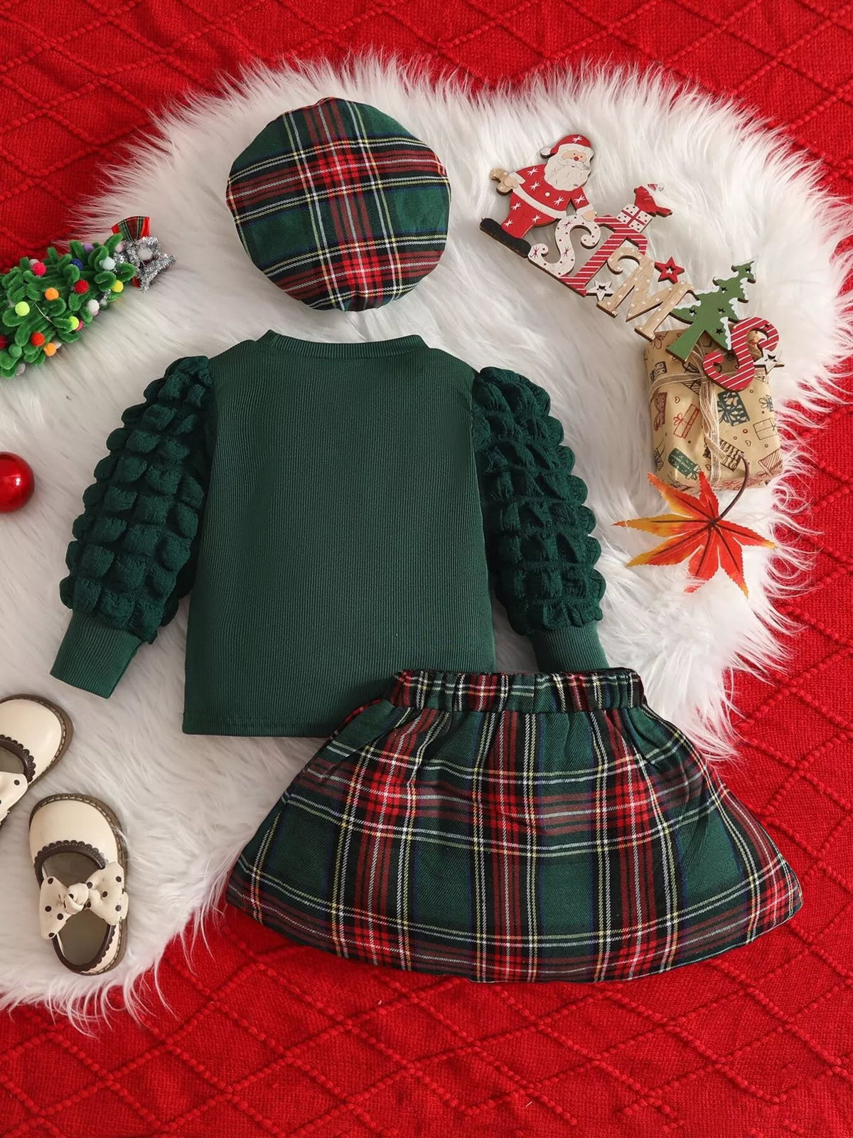 Children's Puff Sleeve Top and Plaid Skirt Set with Hat - Lilixa.store