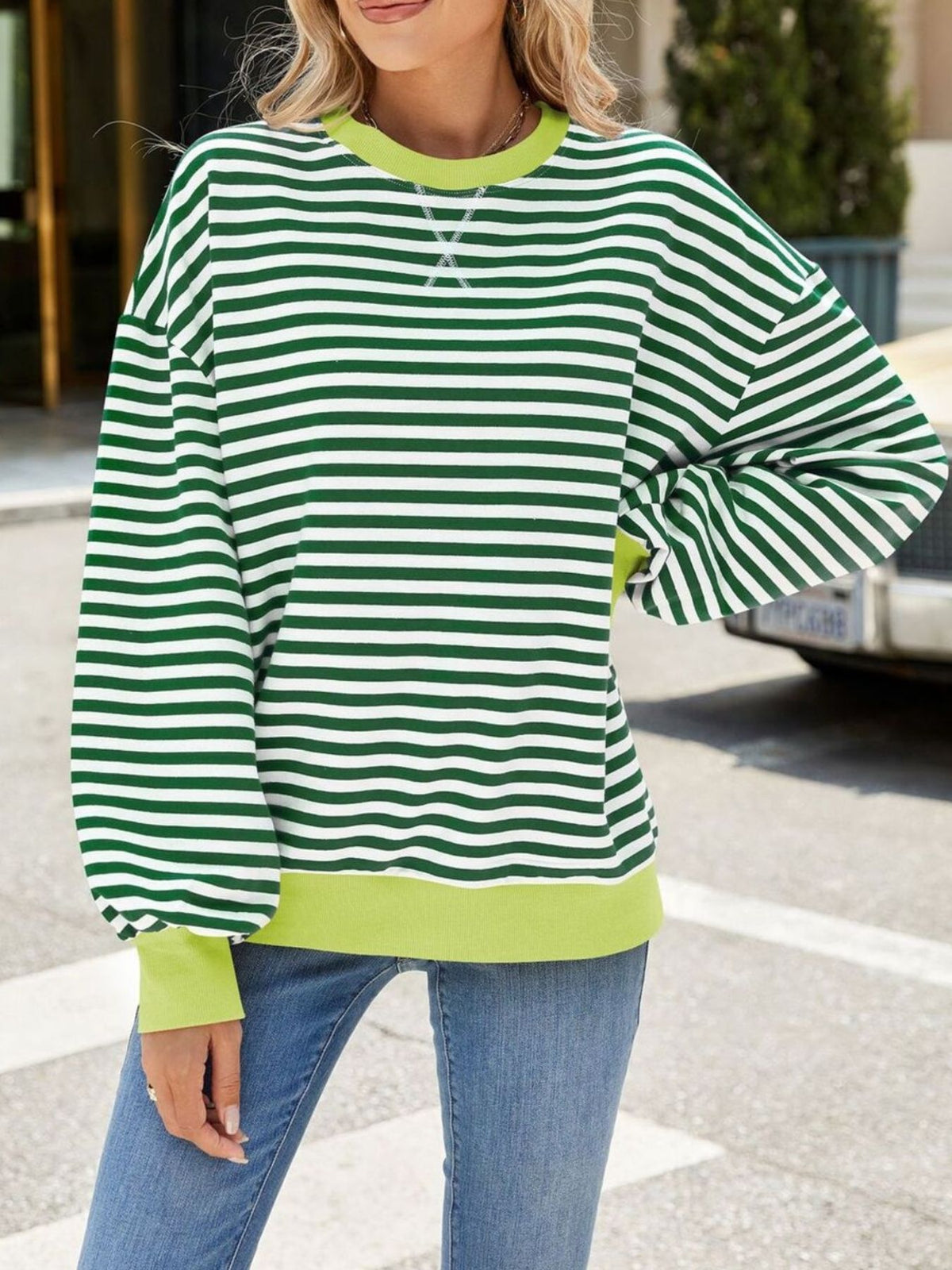 Striped Crew Neck Long Sleeve Sweatshirt - Lilixa.store