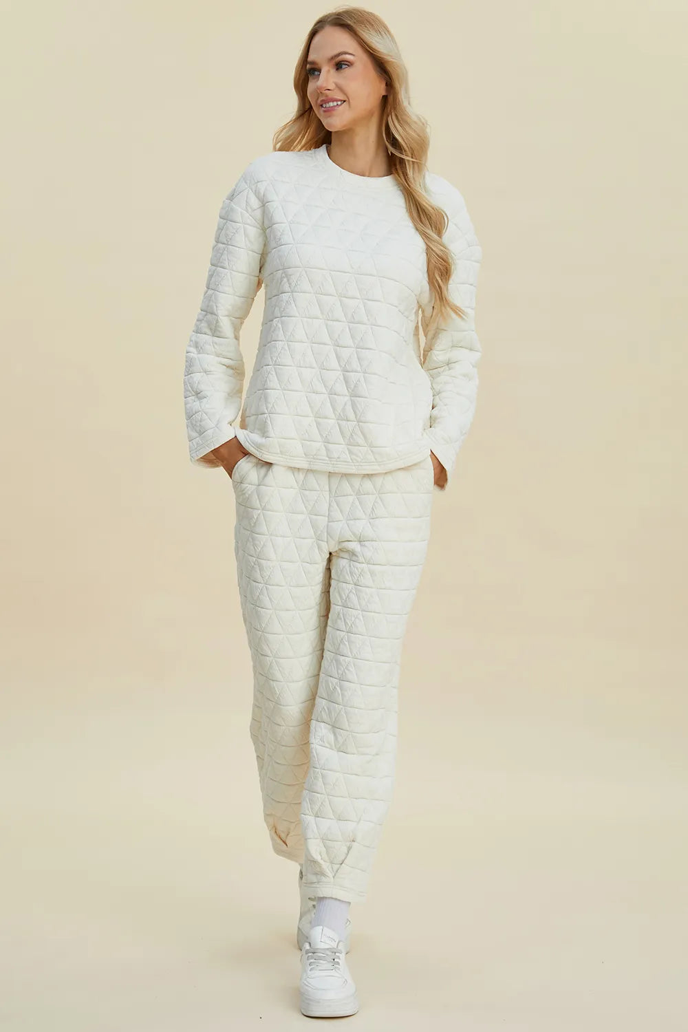 Double Take Full Size Texture Round Neck Long Sleeve Top and Pants Set - Lilixa.store