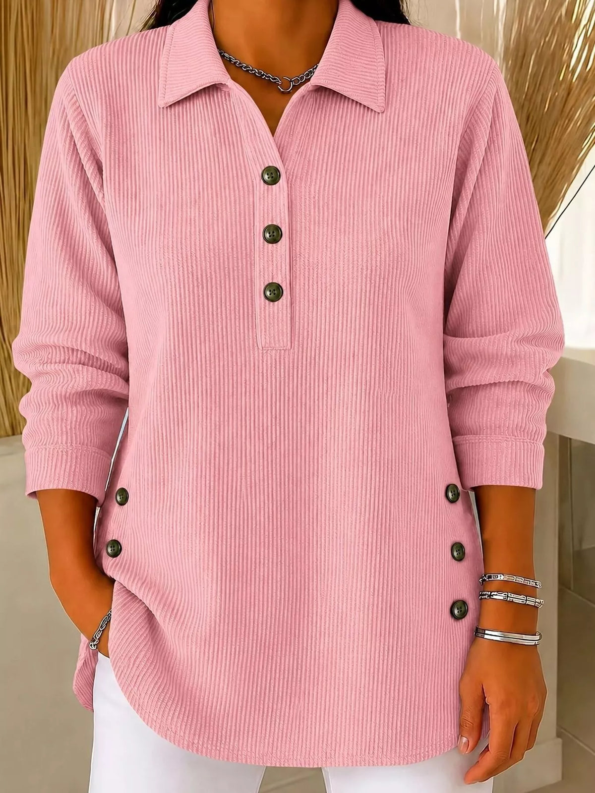 Full Size Button Detail Long Sleeve Top Plus Size - Lilixa.store