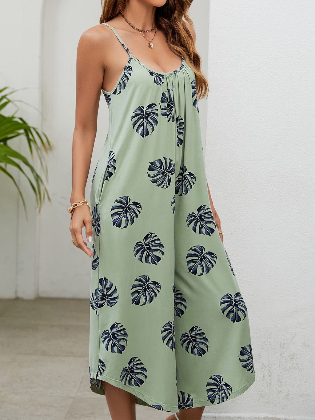 Botanical Print Spaghetti Strap Scoop Neck Jumpsuit - Lilixa.store