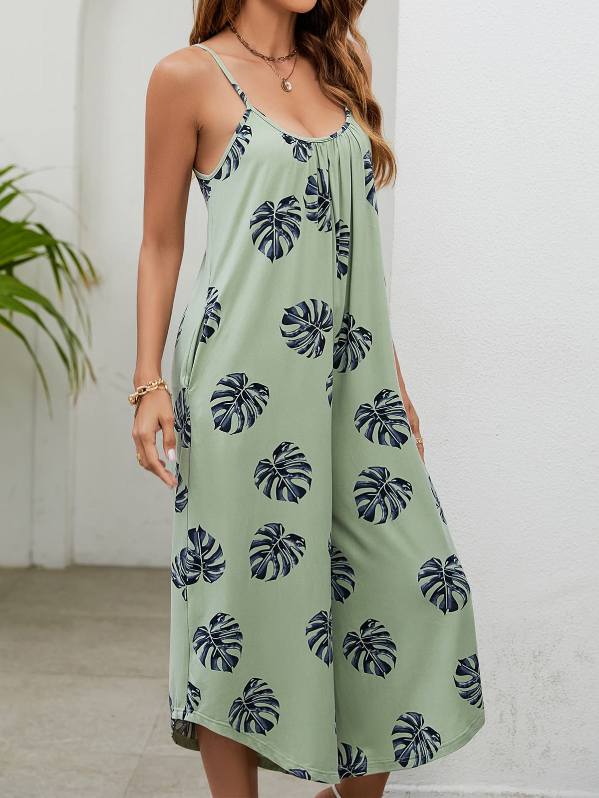 Botanical Print Spaghetti Strap Scoop Neck Jumpsuit - Lilixa.store