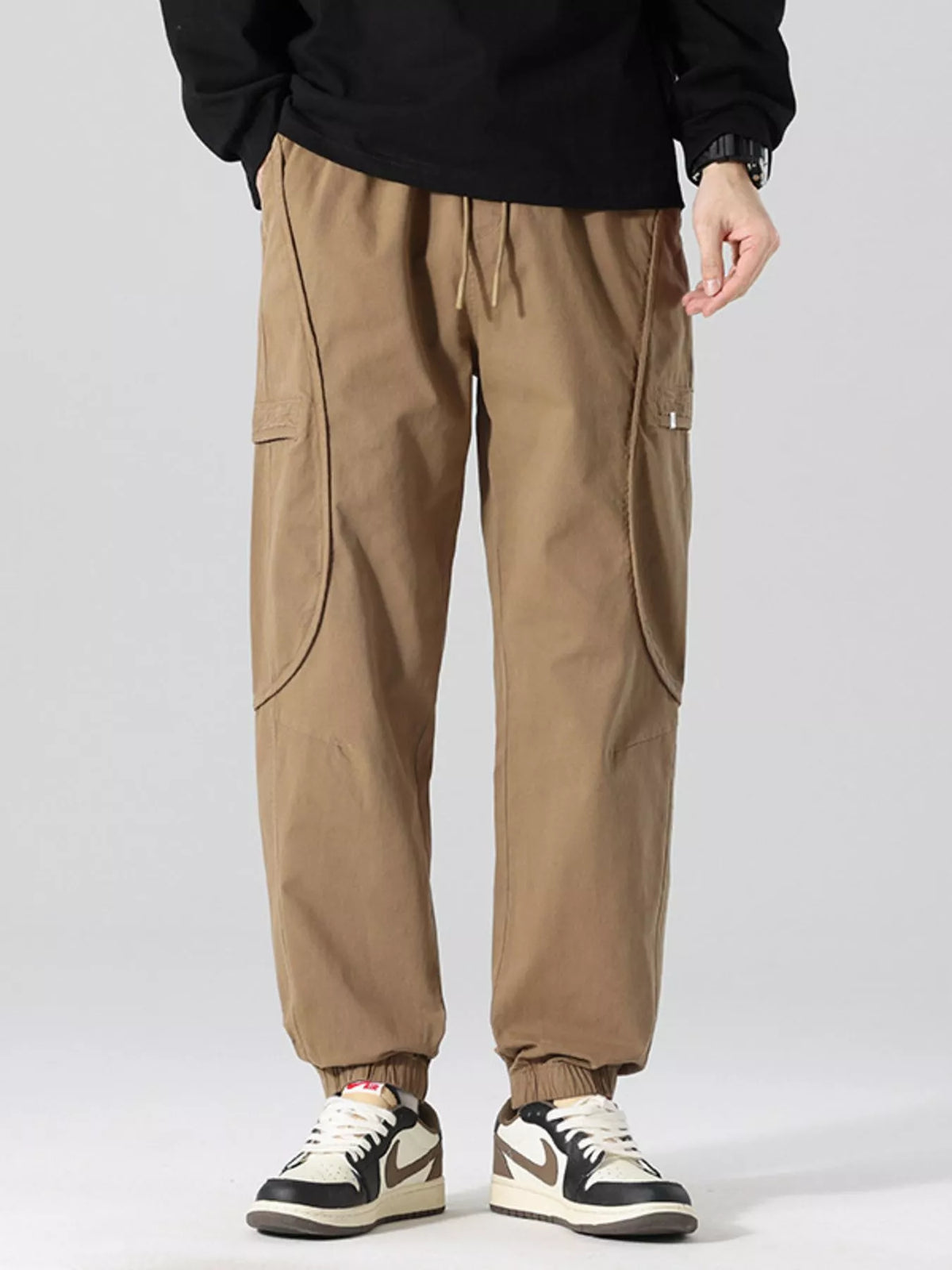 Men's Full Size Drawstring Loose Fit Joggers Plus Size in Khaki
