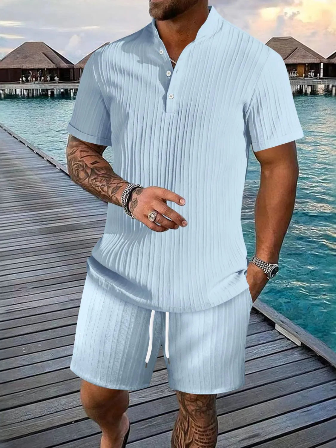 Men's Full Size Button Detail Short Sleeve Top and Shorts Set Plus Size in Light Blue