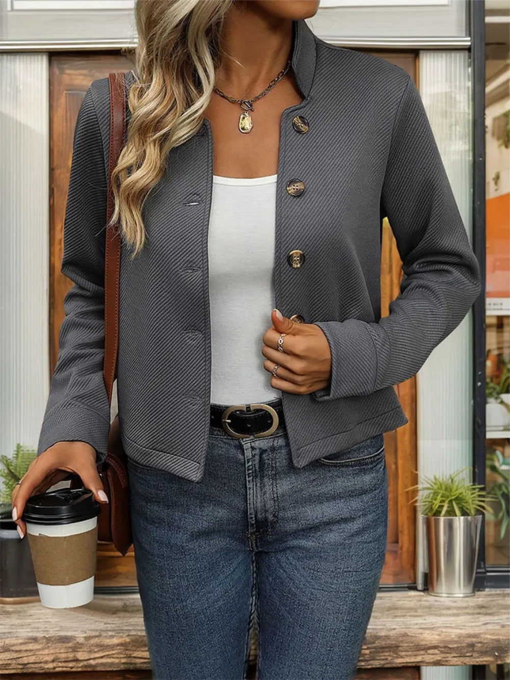 Perfee Textured Button Up Long Sleeve Jacket in Dark Gray, view 3