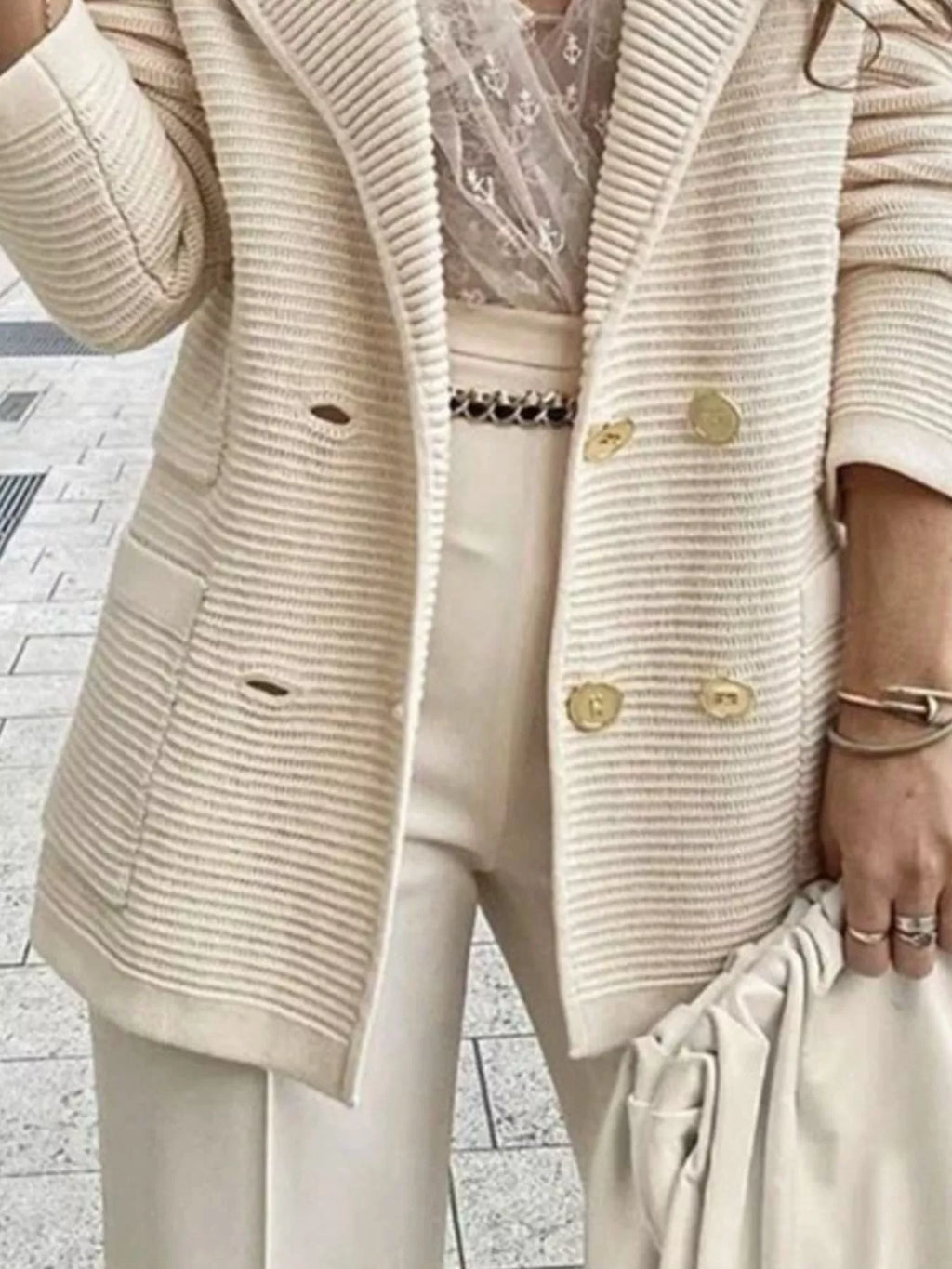 Texture Knit Double-Breasted Blazer - Lilixa.store