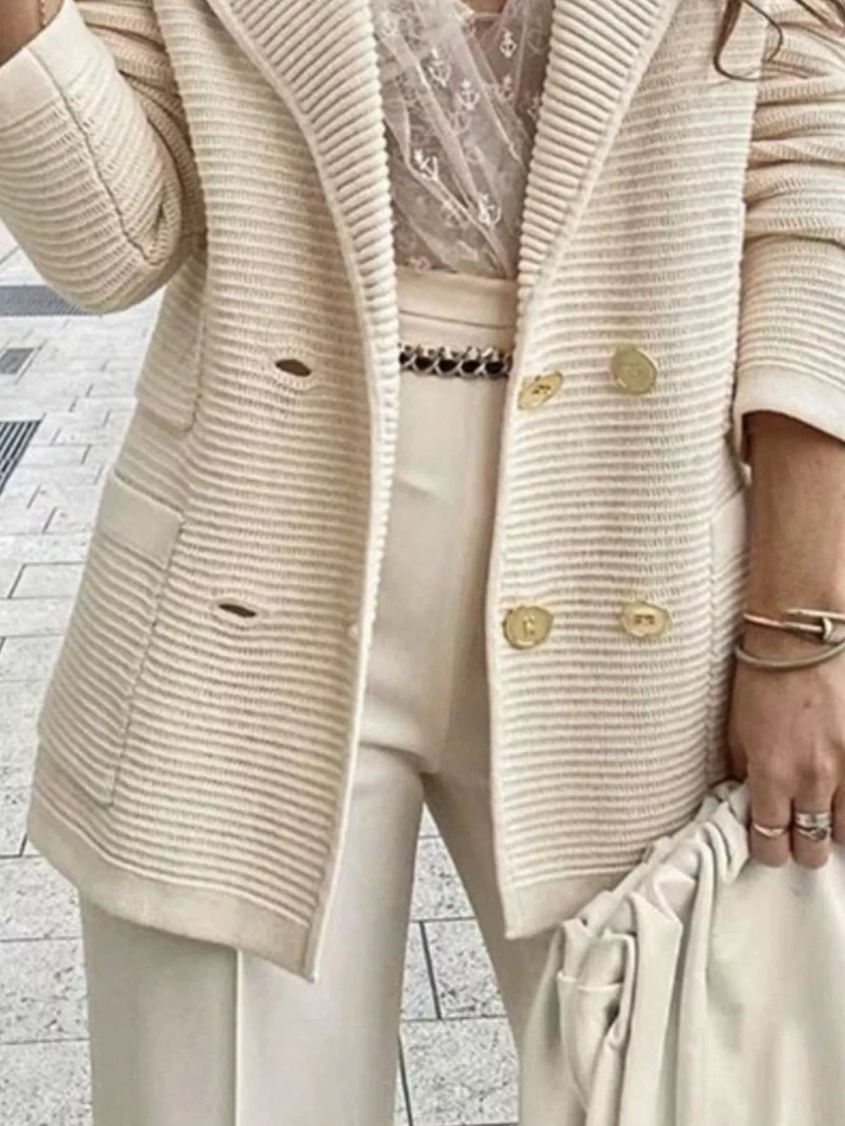 Texture Knit Double-Breasted Blazer - Lilixa.store