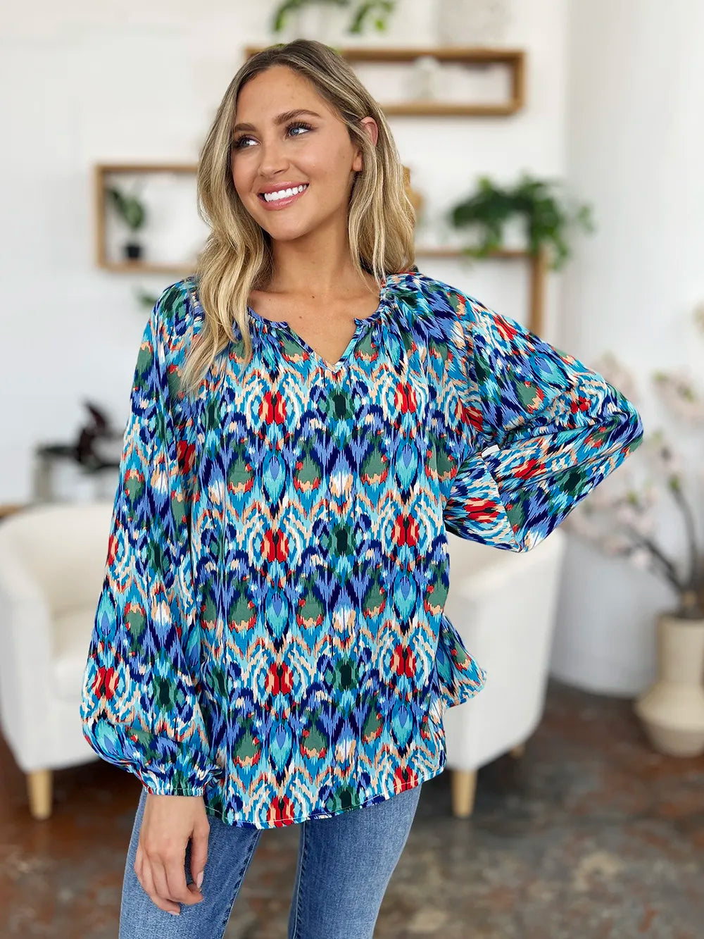 Double Take Full Size Printed Balloon Sleeve Blouse - Lilixa.store