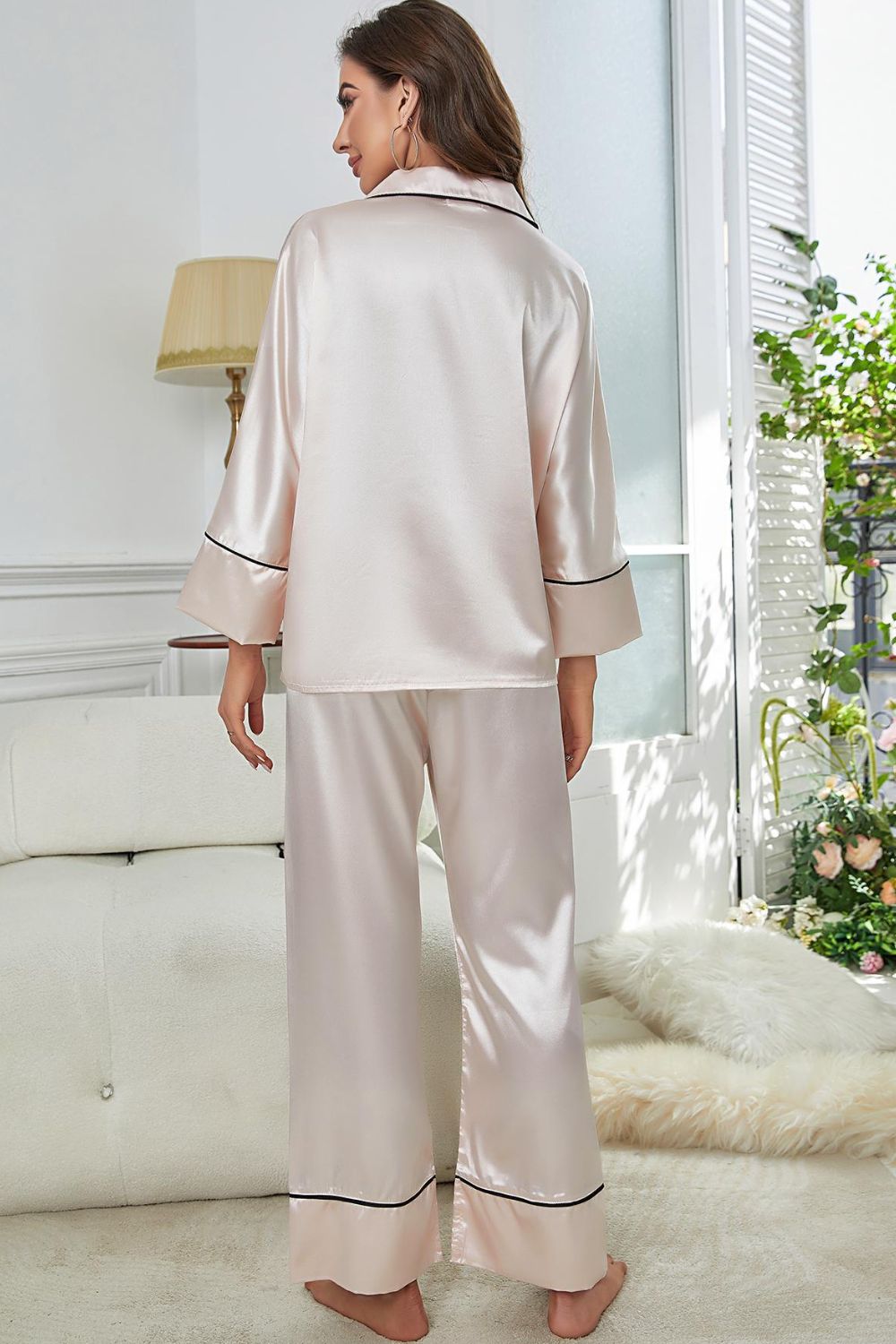 Contrast Piping Button-Up Top and Pants Pajama Set - Lilixa.store