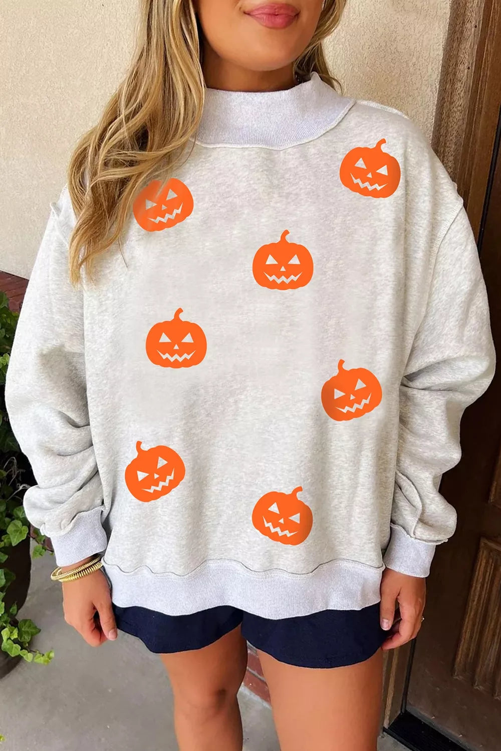 Halloween Pumpkin Face Print Mock Neck Reversible Sweatshirt - Lilixa.store