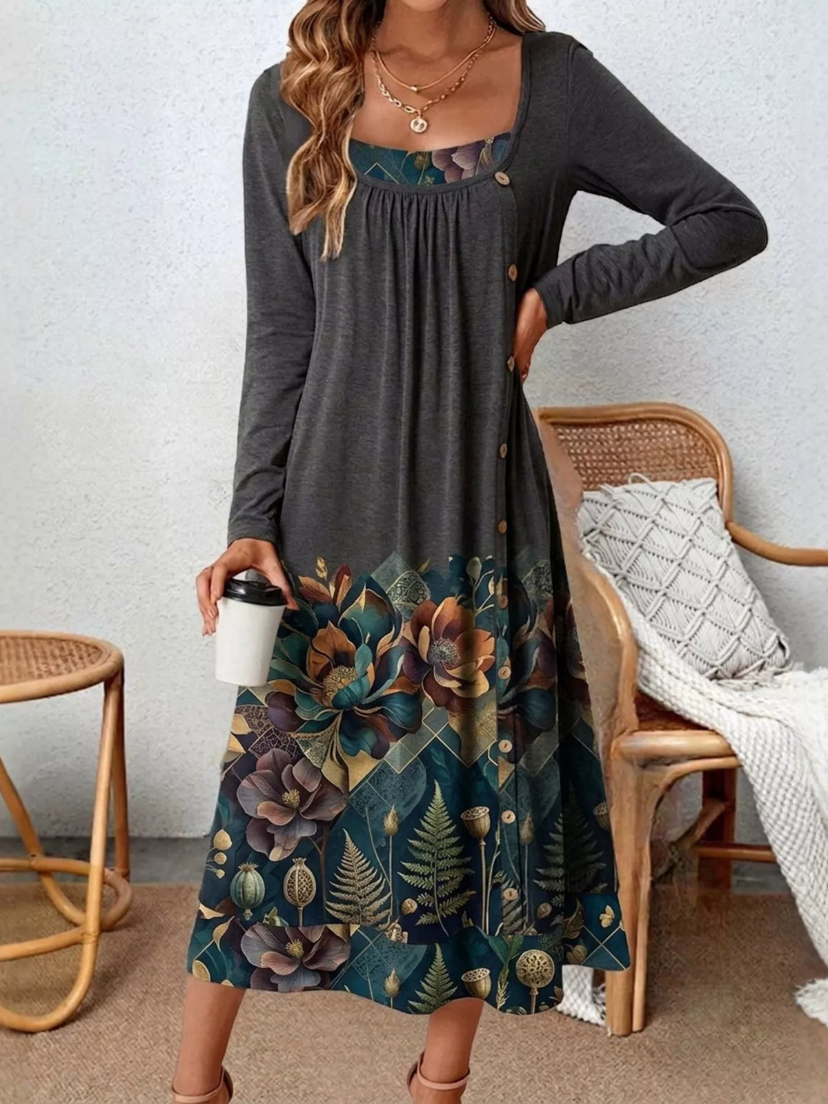 Plus Size Floral Print Long Sleeve Midi Dress