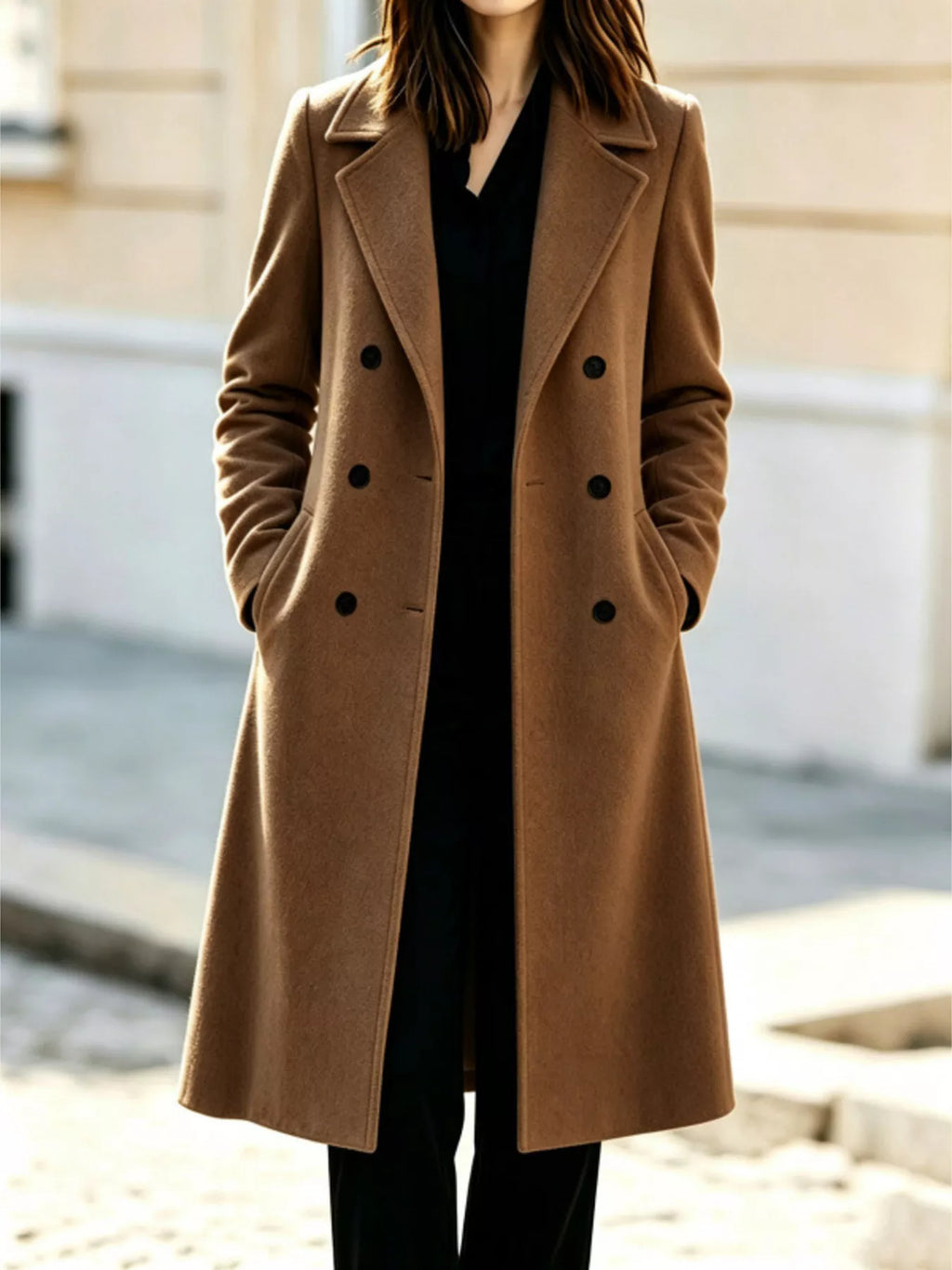 Double-Breasted Lapel Collar Coat in Brown