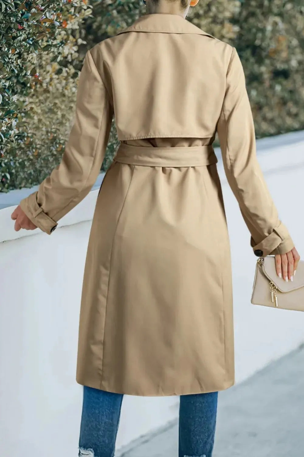 Collared Neck Tie Waist Buttoned Long Sleeve Trench Coat in Dust Storm, view 2