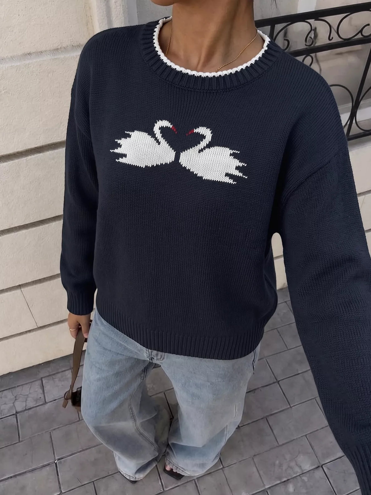 Swan Dropped Shoulder Sweater in Navy, view 3